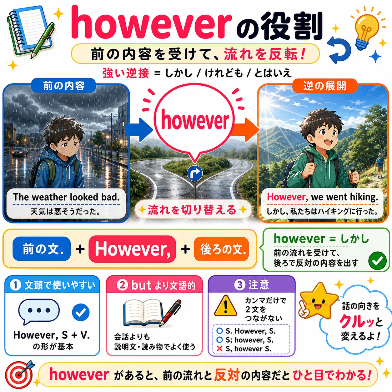 however が前の内容と反対方向へ話を切り替えるイメージ図