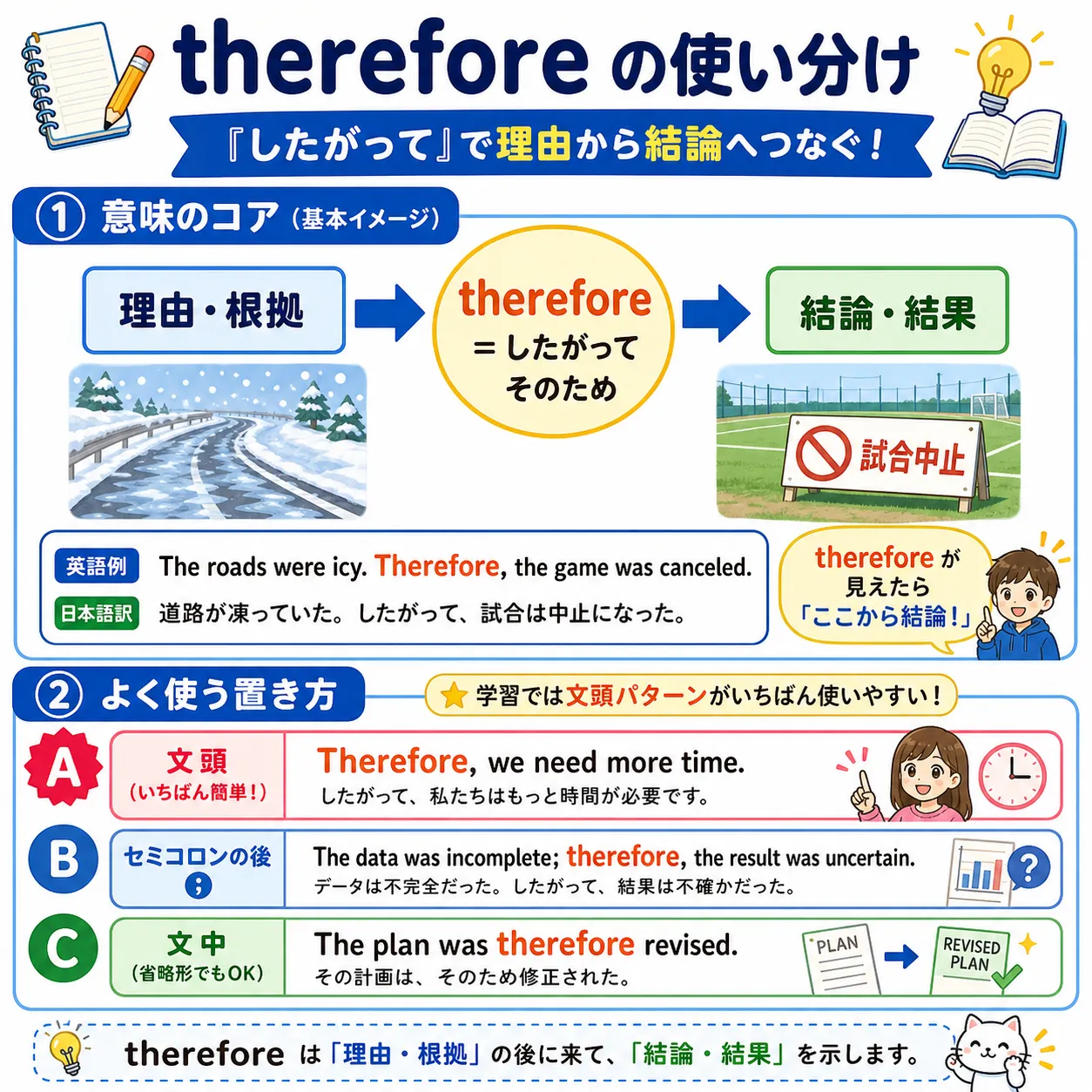 therefore が理由から結論へつなぐイメージ図