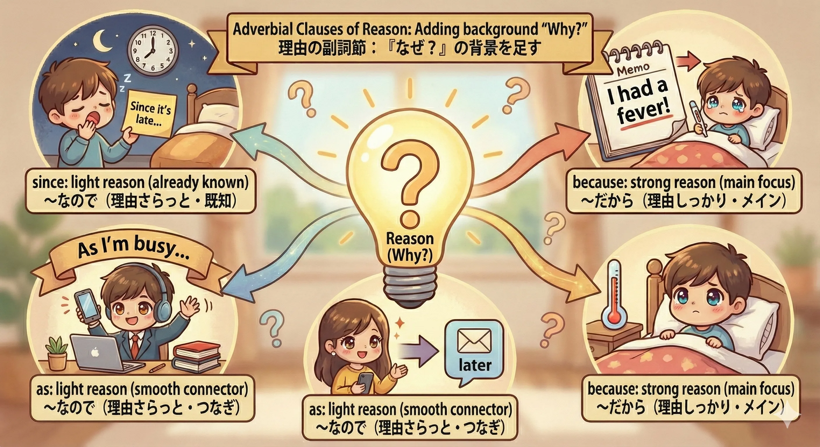 becauseは理由を強く言う、since/asは理由を軽く添えるイメージ図