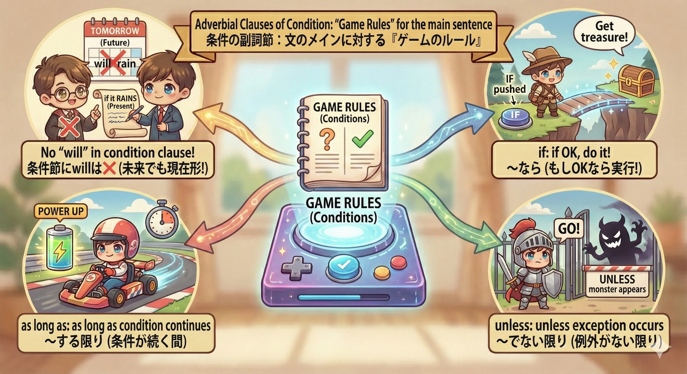 if は条件、unless は例外（〜でない限り）、as long as は継続条件（〜する限り）のイメージ図