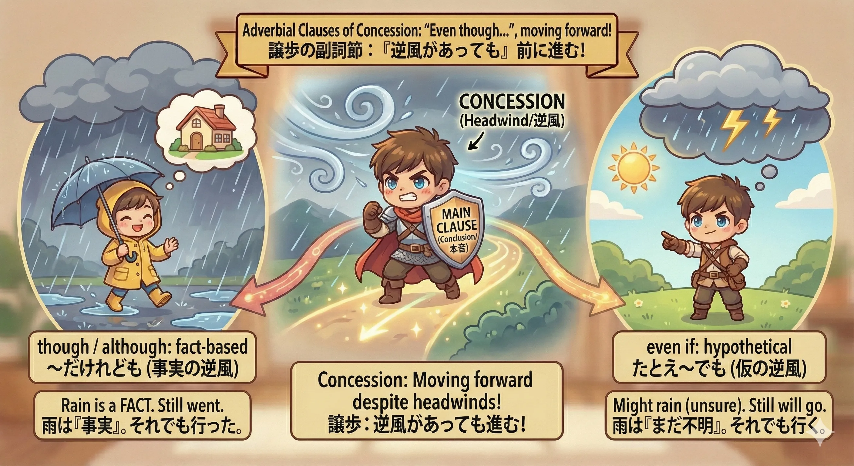 though/although は事実の逆風、even if は仮の逆風でもそれでも進むイメージ図
