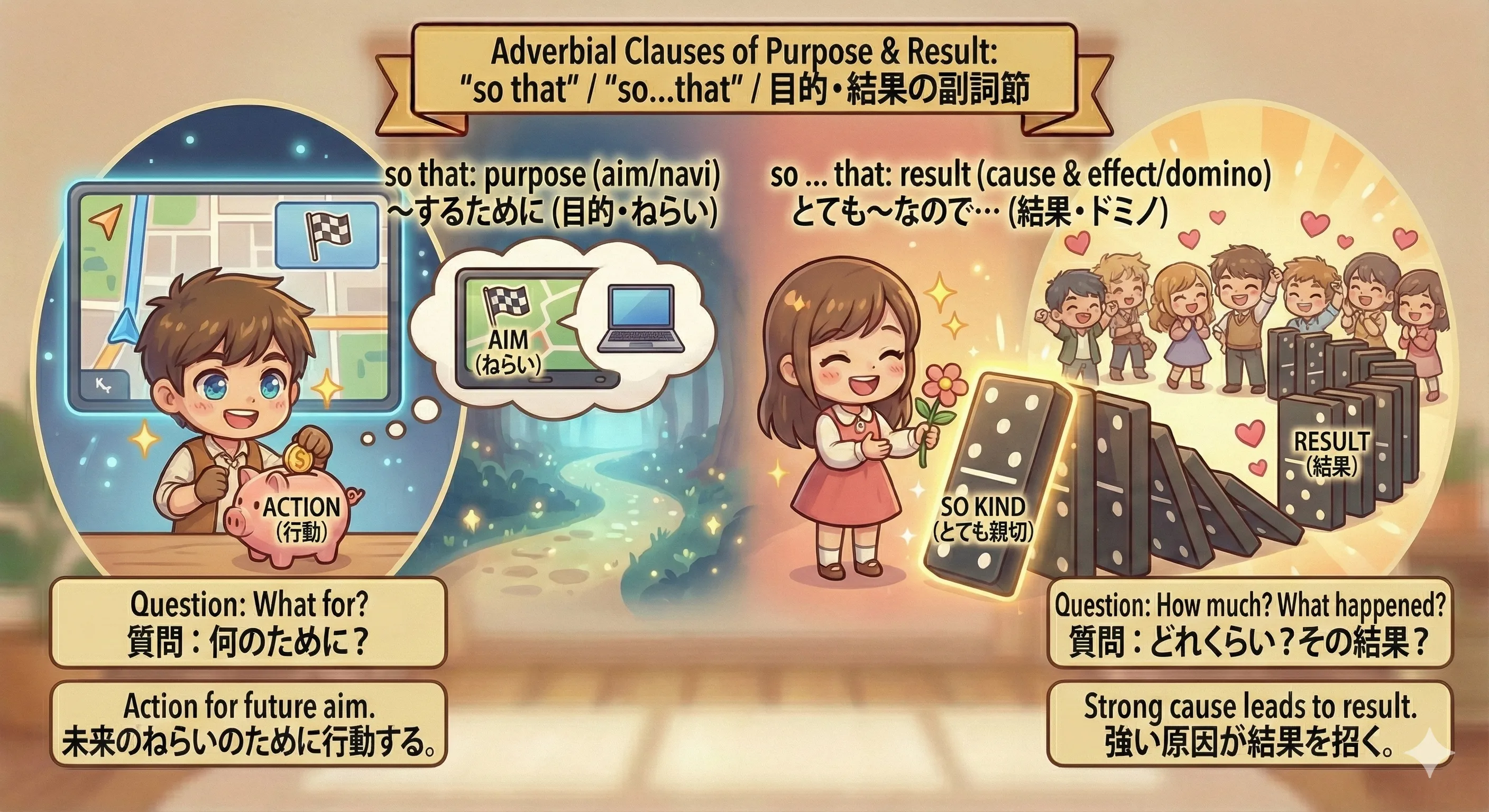 so that は目的（未来へのねらい）、so ... that は結果（強さのせいで起きたこと）のイメージ図