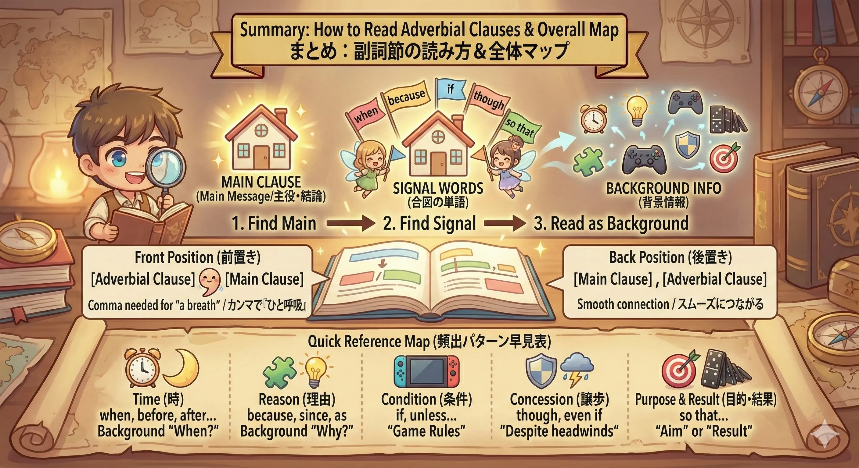 副詞節は背景情報、主節は主役メッセージ。when/if/though/so that などでつながる全体マップ