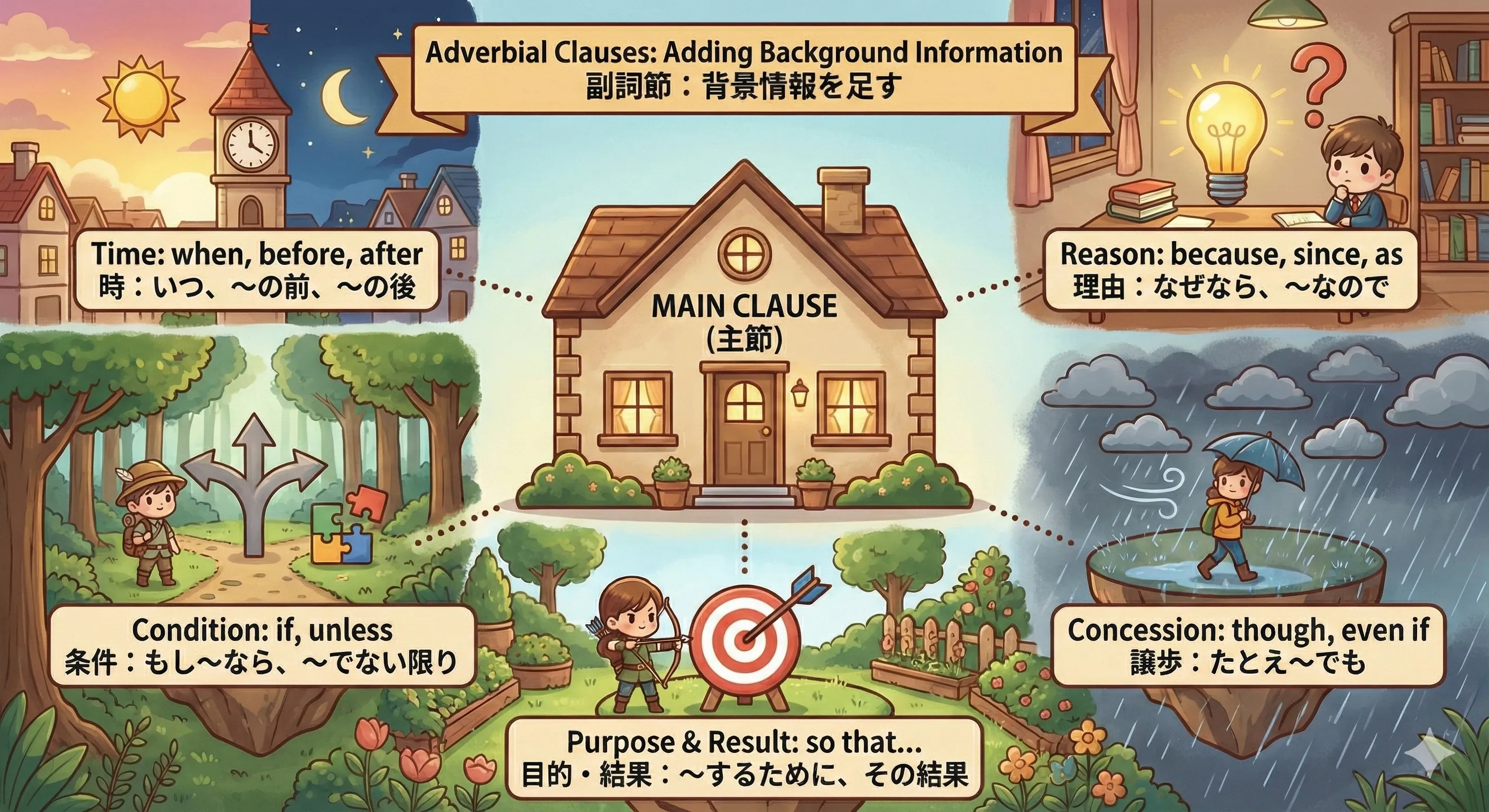 副詞節は主節に『時間・理由・条件』などの背景情報を足すイメージ図