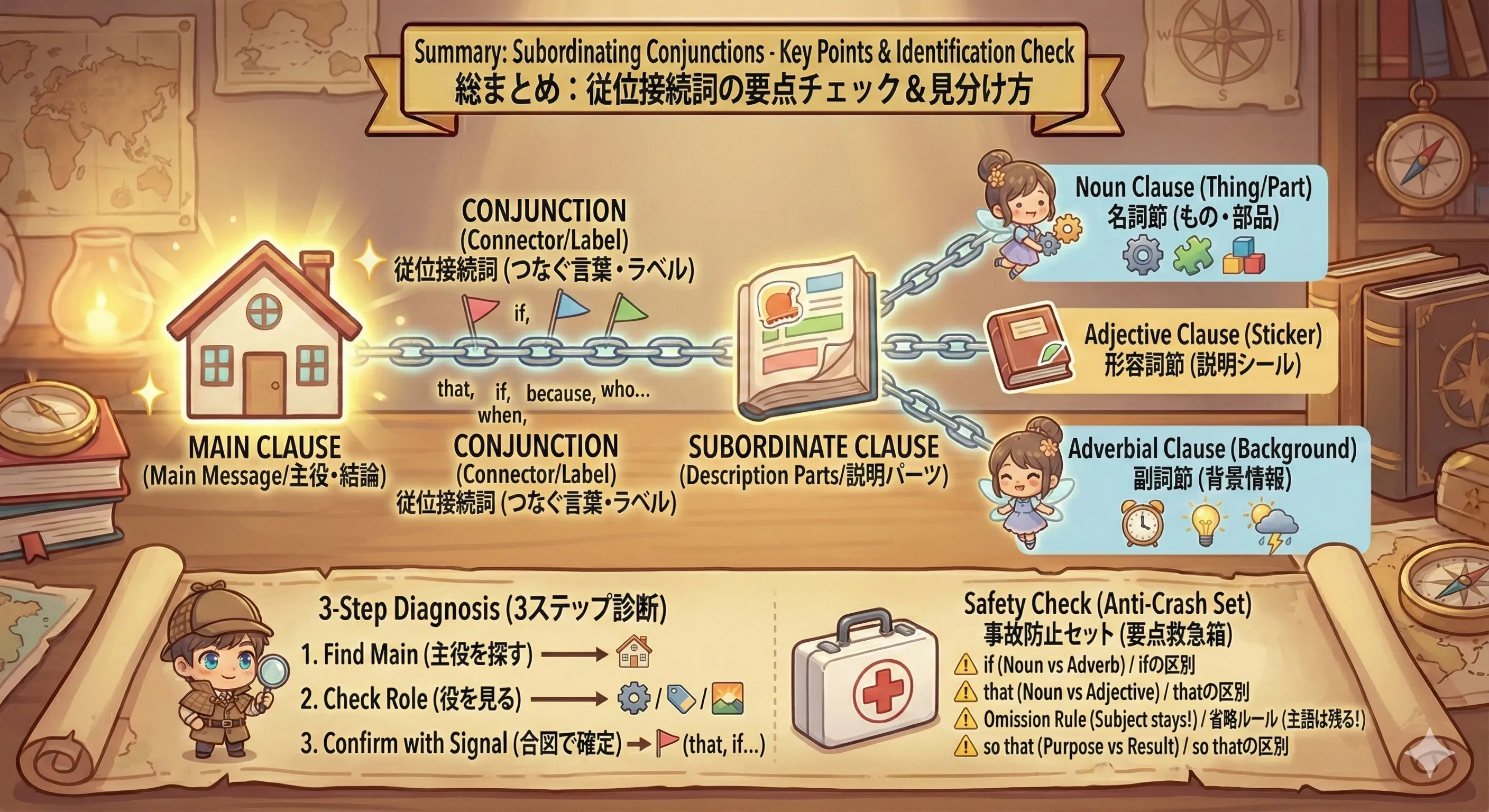従位接続詞：主節（主役）＋従属節（説明）をつなぐ全体マップ