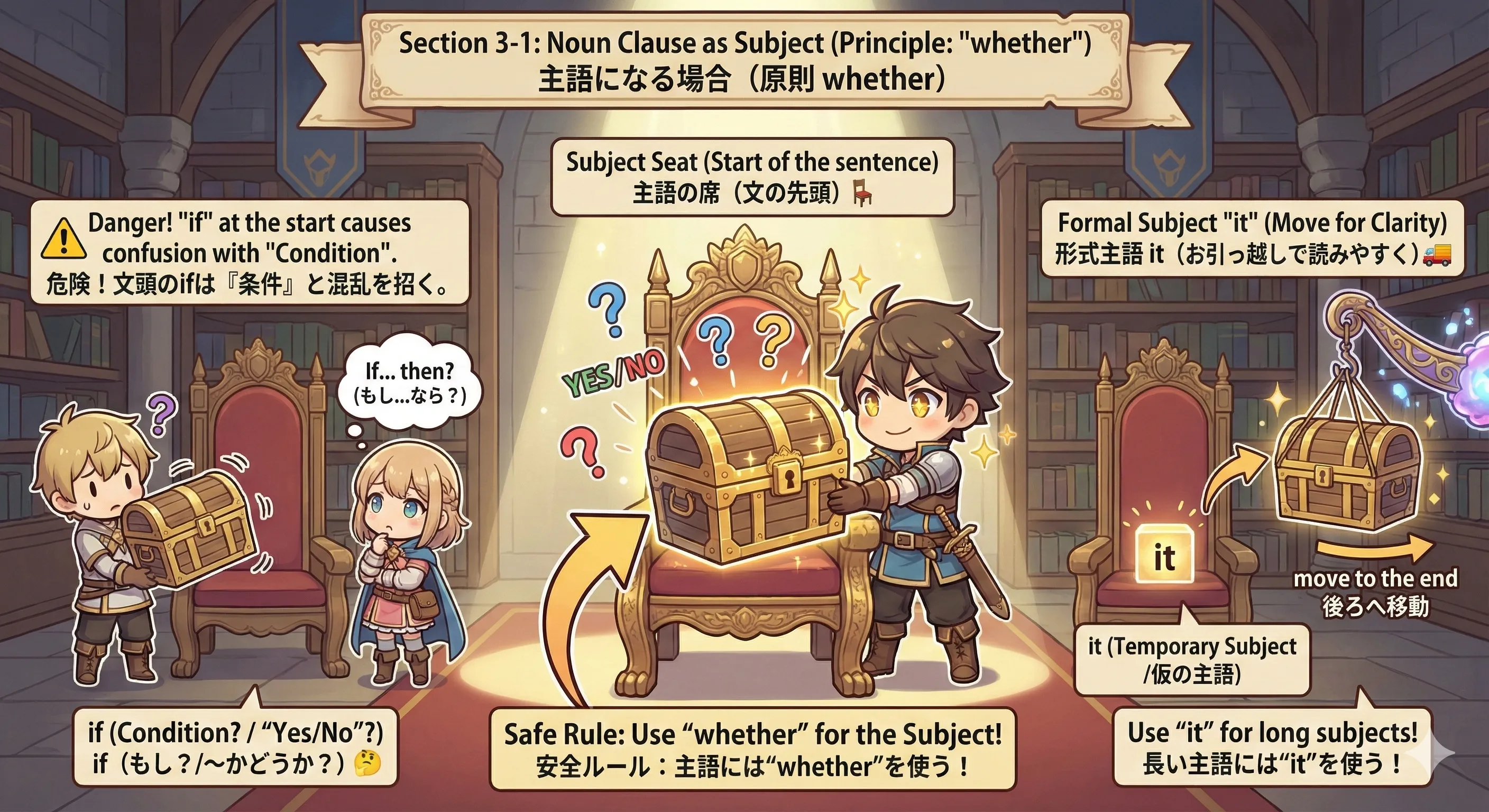 whether節が主語になるイメージ図（Whether + 文 が主語の席に入る）