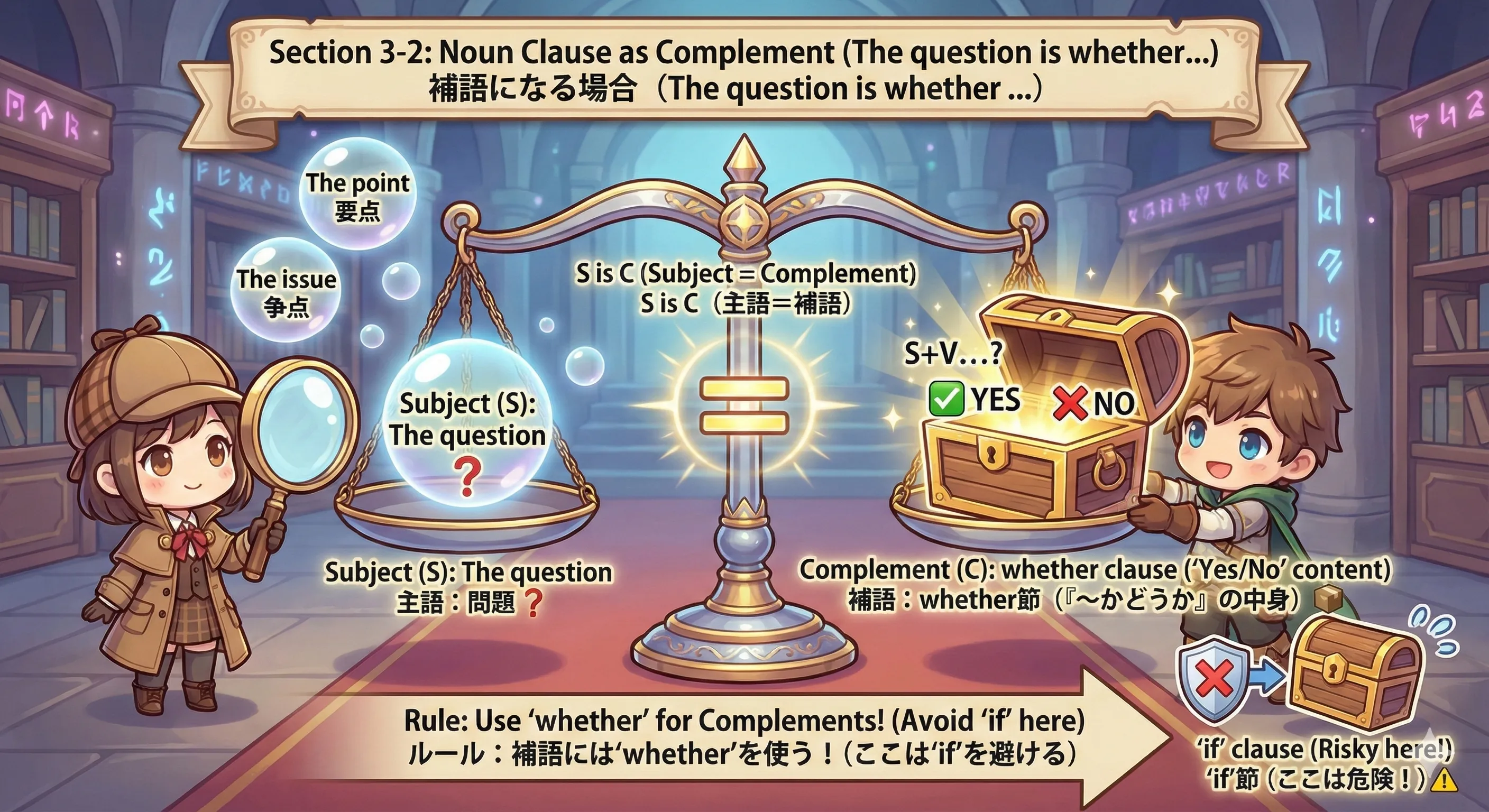 補語の席にwhether節が入るイメージ図（The question is whether + 文）