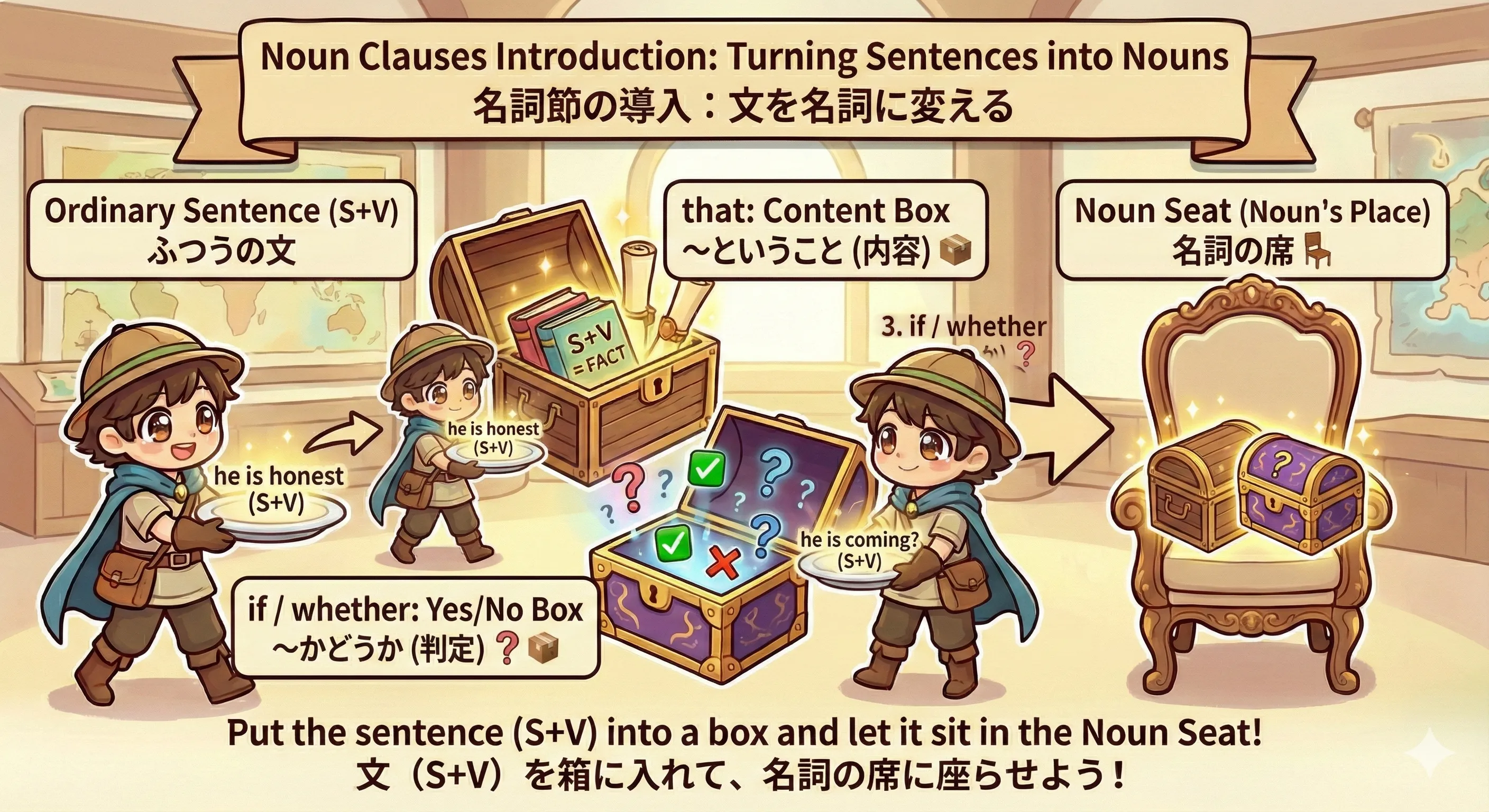 名詞節（that / if / whether）で『文のかたまり』を名詞として扱うイメージ図