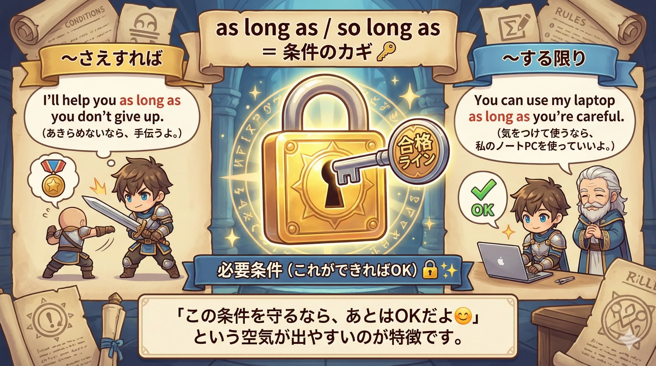 as long as / so long as のイメージ図：必要条件（条件のしばり）＝この条件がOKならOK