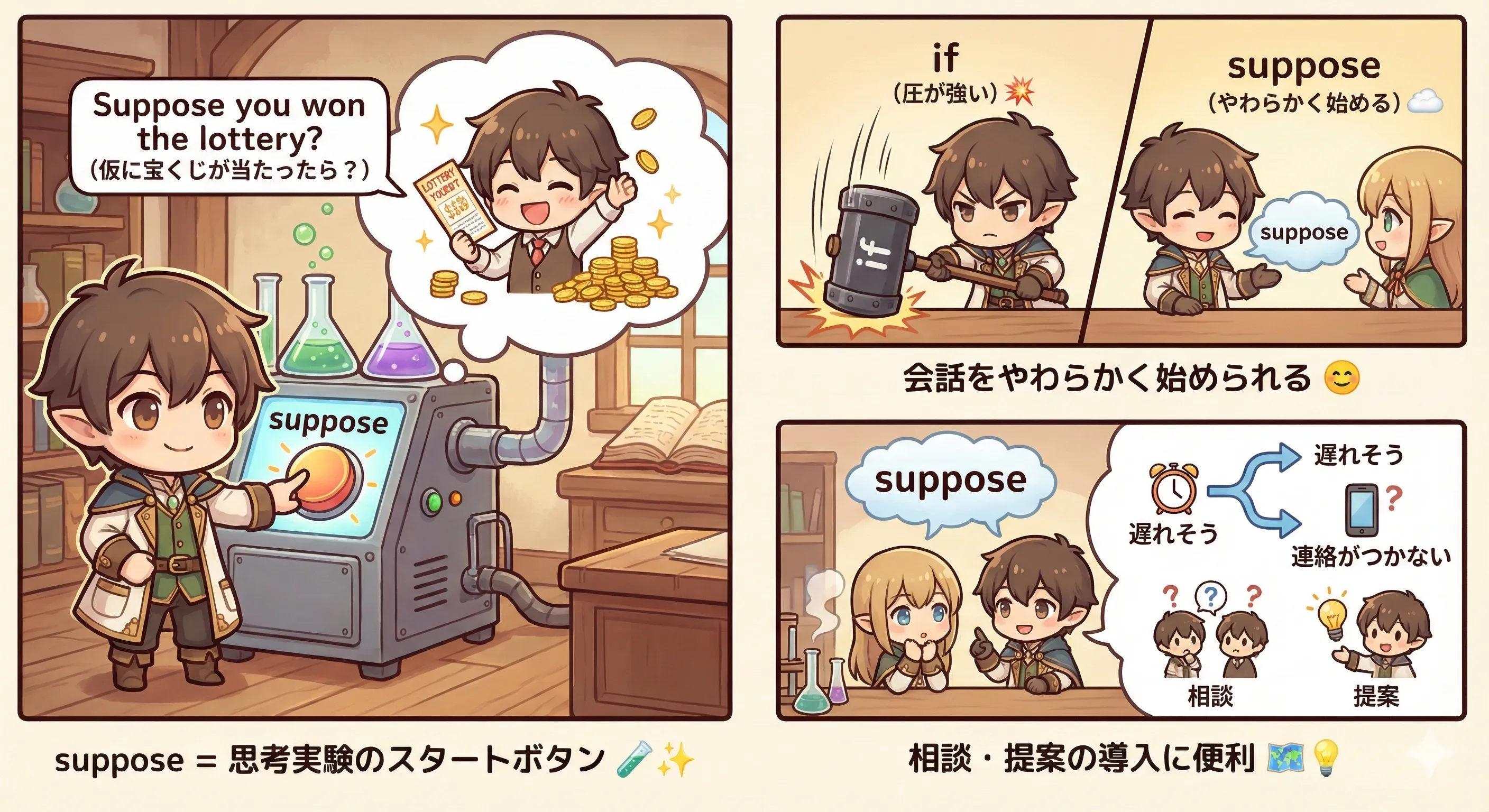 suppose / supposing のイメージ図：仮の状況を置いて会話をやわらかく始める