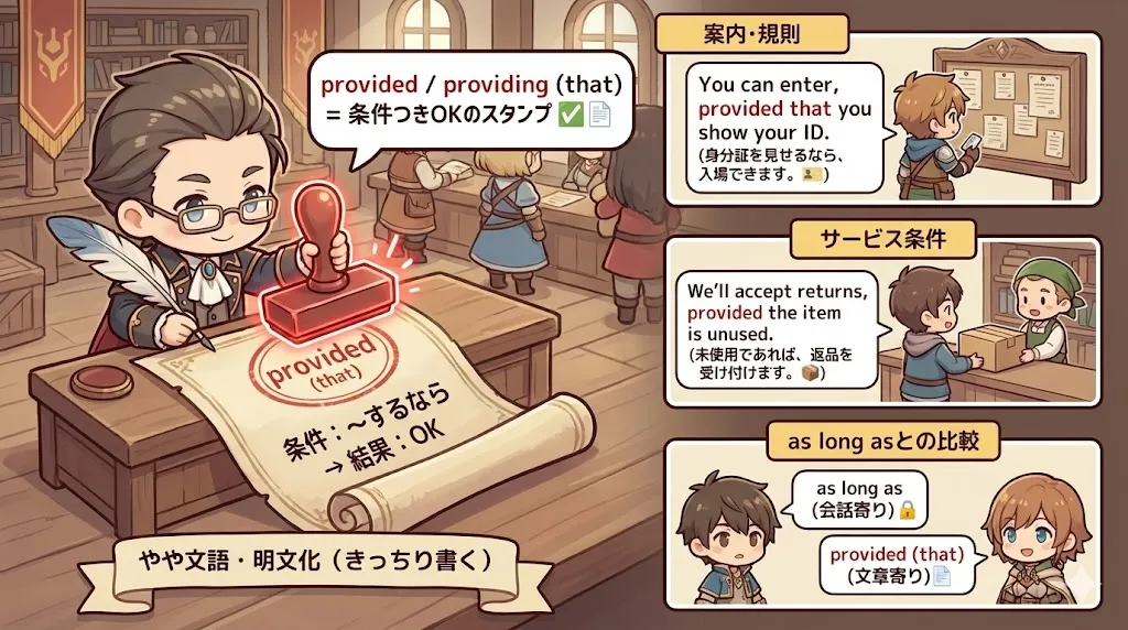 provided (that) のイメージ図：条件を明文化してOKを出す（案内・規則・サービス条件）