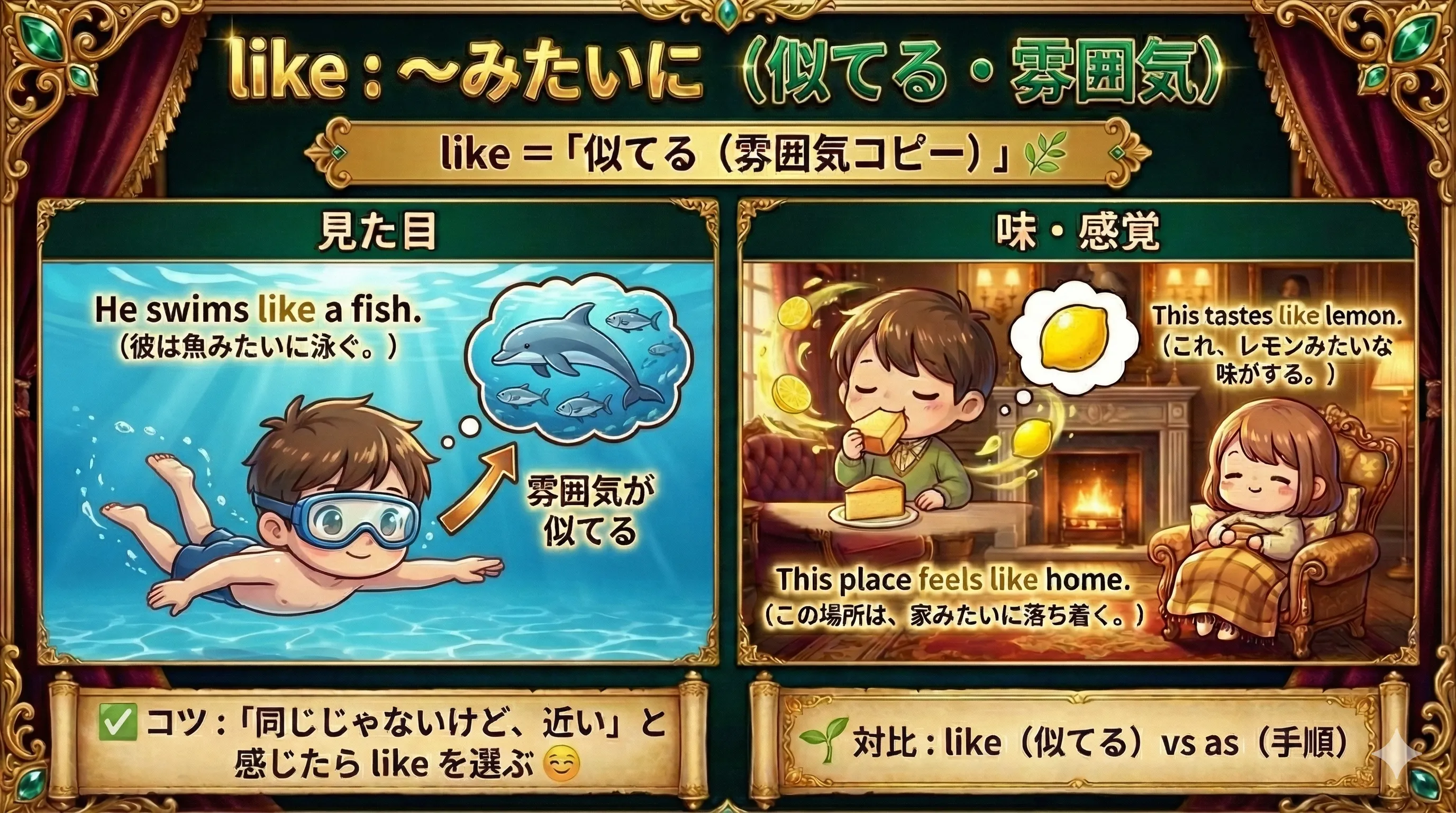 like のイメージ：〜みたいに（似てる・雰囲気）。名詞と相性が良く、見た目・味・音などの『感じが近い』を表す