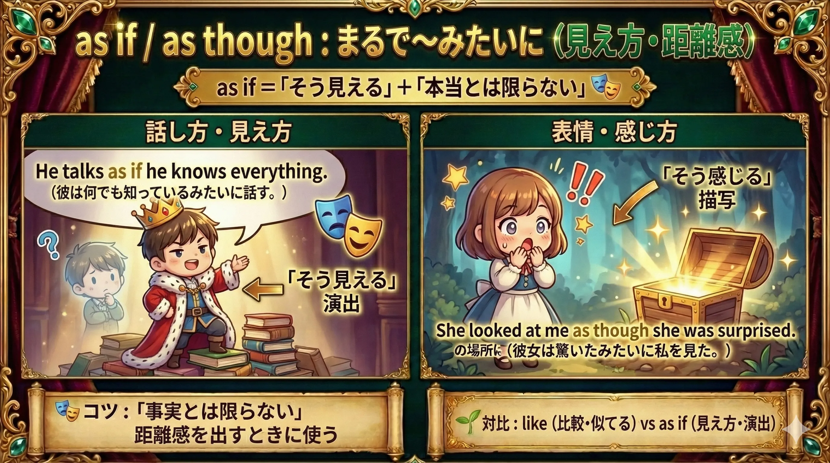as if / as though のイメージ：まるで〜みたいに（見え方・距離感）。本当っぽい〜本当じゃない寄りを表現できる
