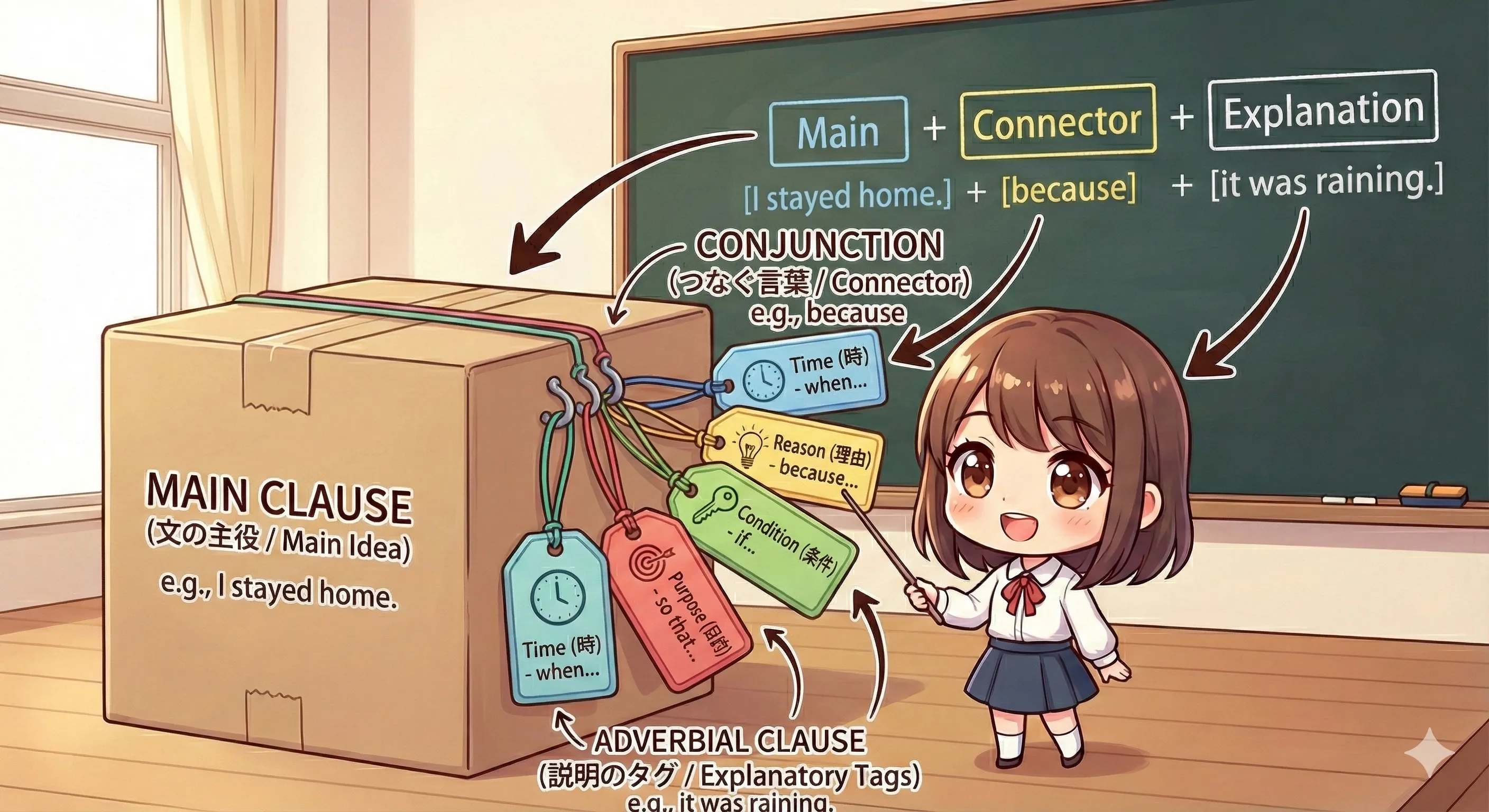 副詞節（主節を説明するおまけ文）のイメージ図