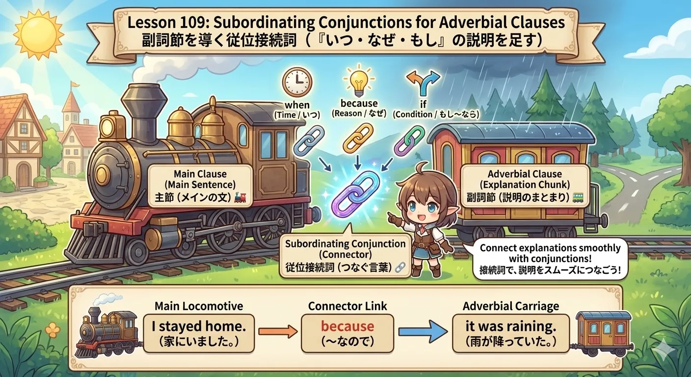 従位接続詞で副詞節を作るイメージ図（when / because / if など）