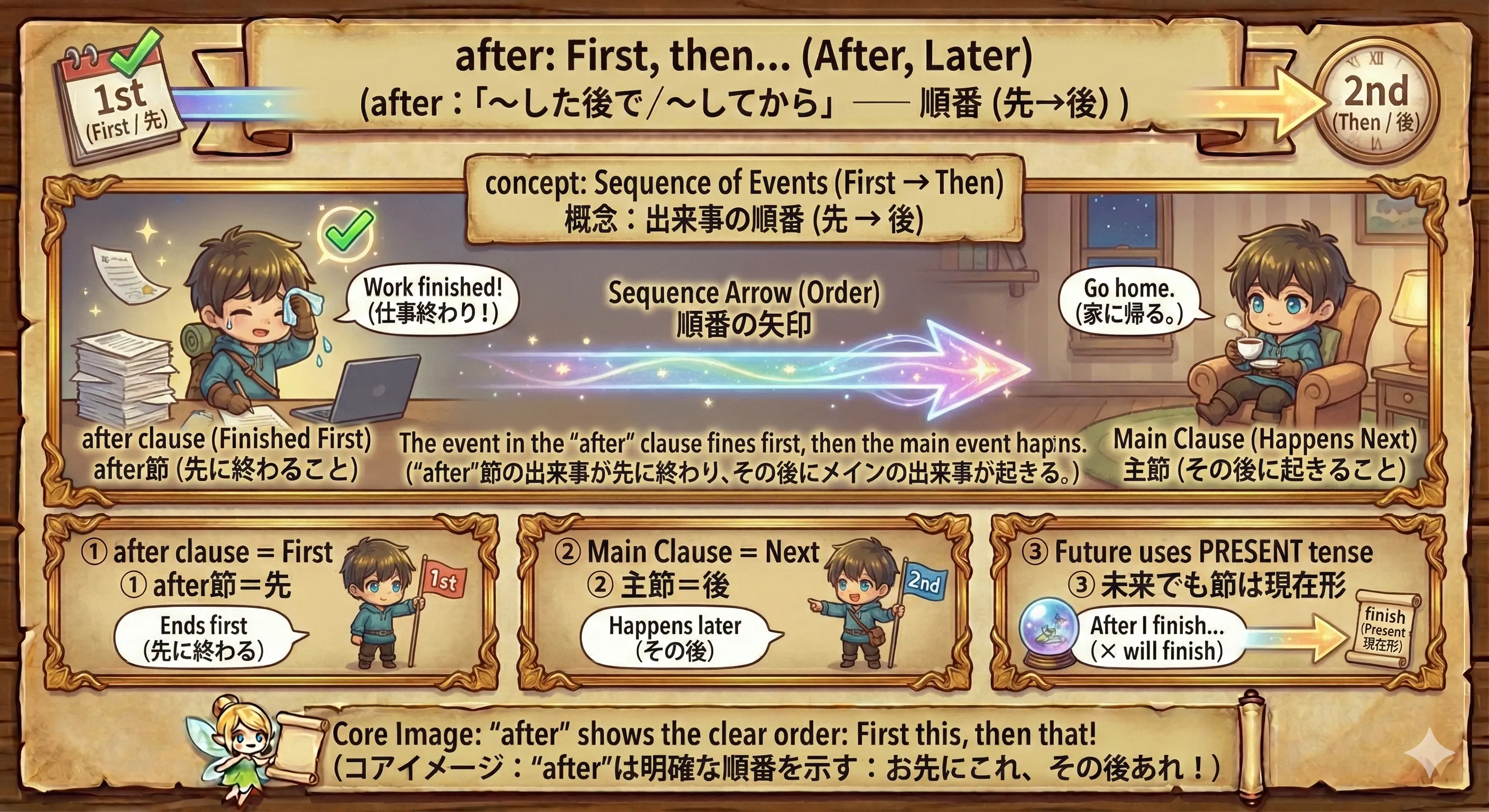 after のイメージ図：先に after 節の出来事が起きて、その後に主節の出来事が起きる（順番の矢印）