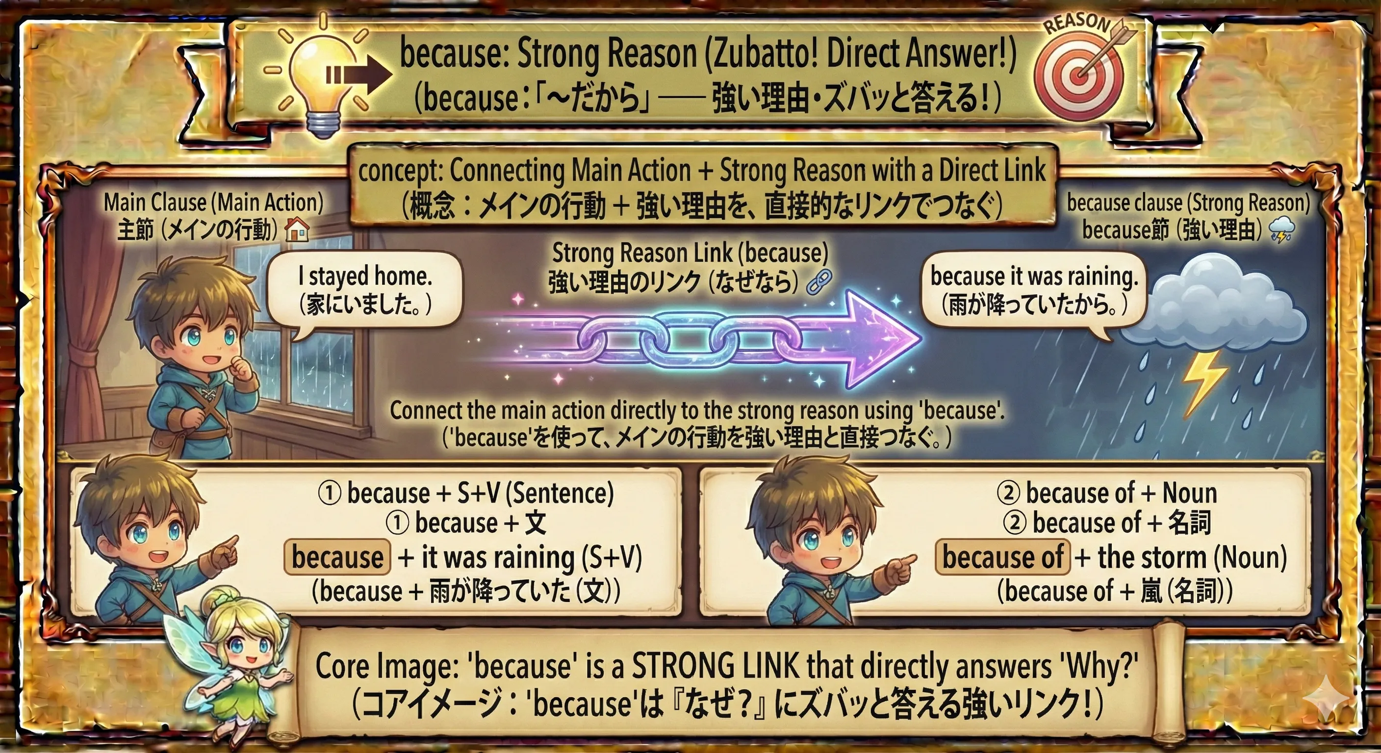 because節で理由（なんで？）を足すイメージ図（主節＋because＋理由の文）