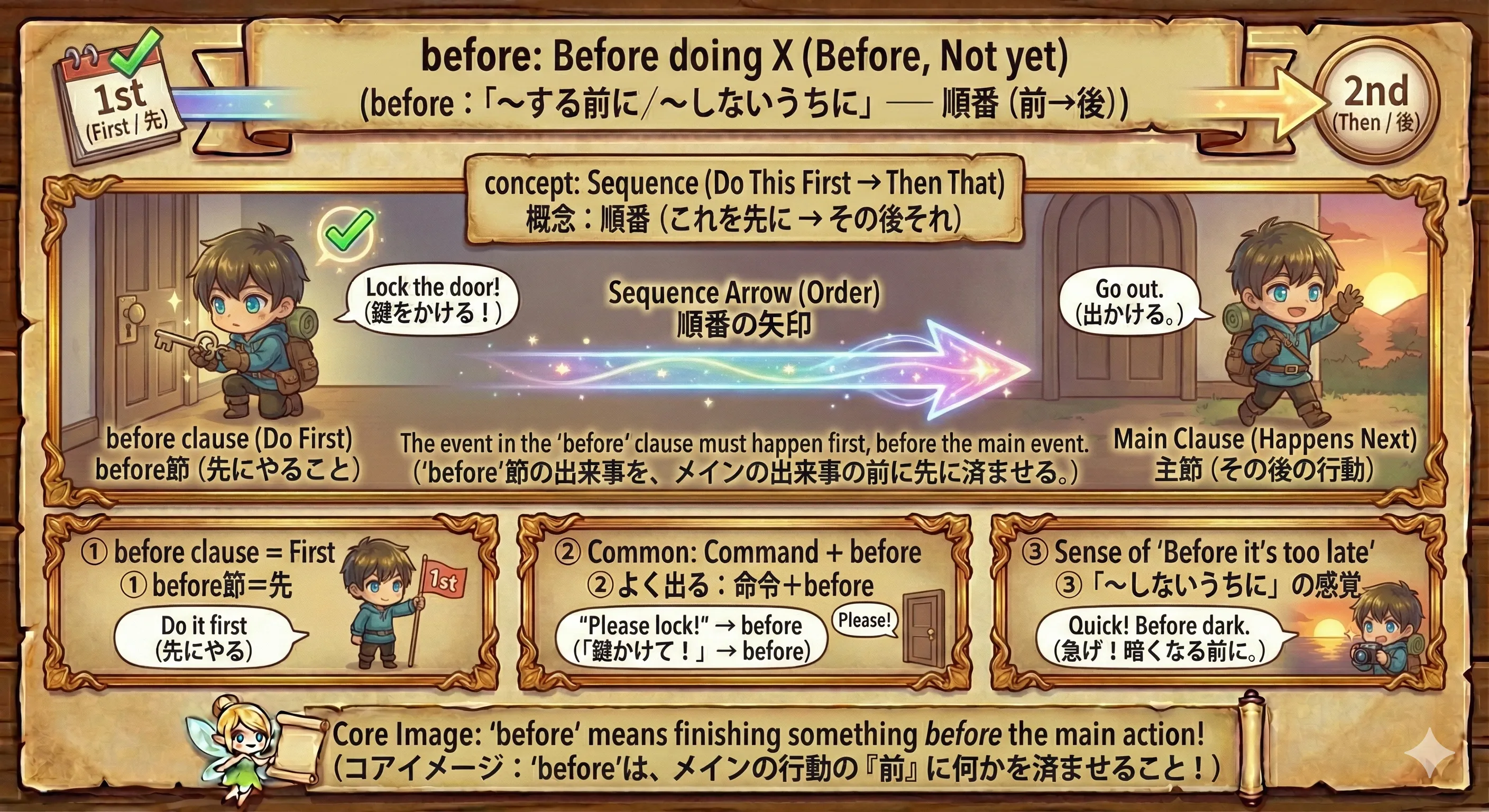 before のイメージ図：before 節で先にすることを示し、その後に主節の出来事が起きる（順番の矢印）
