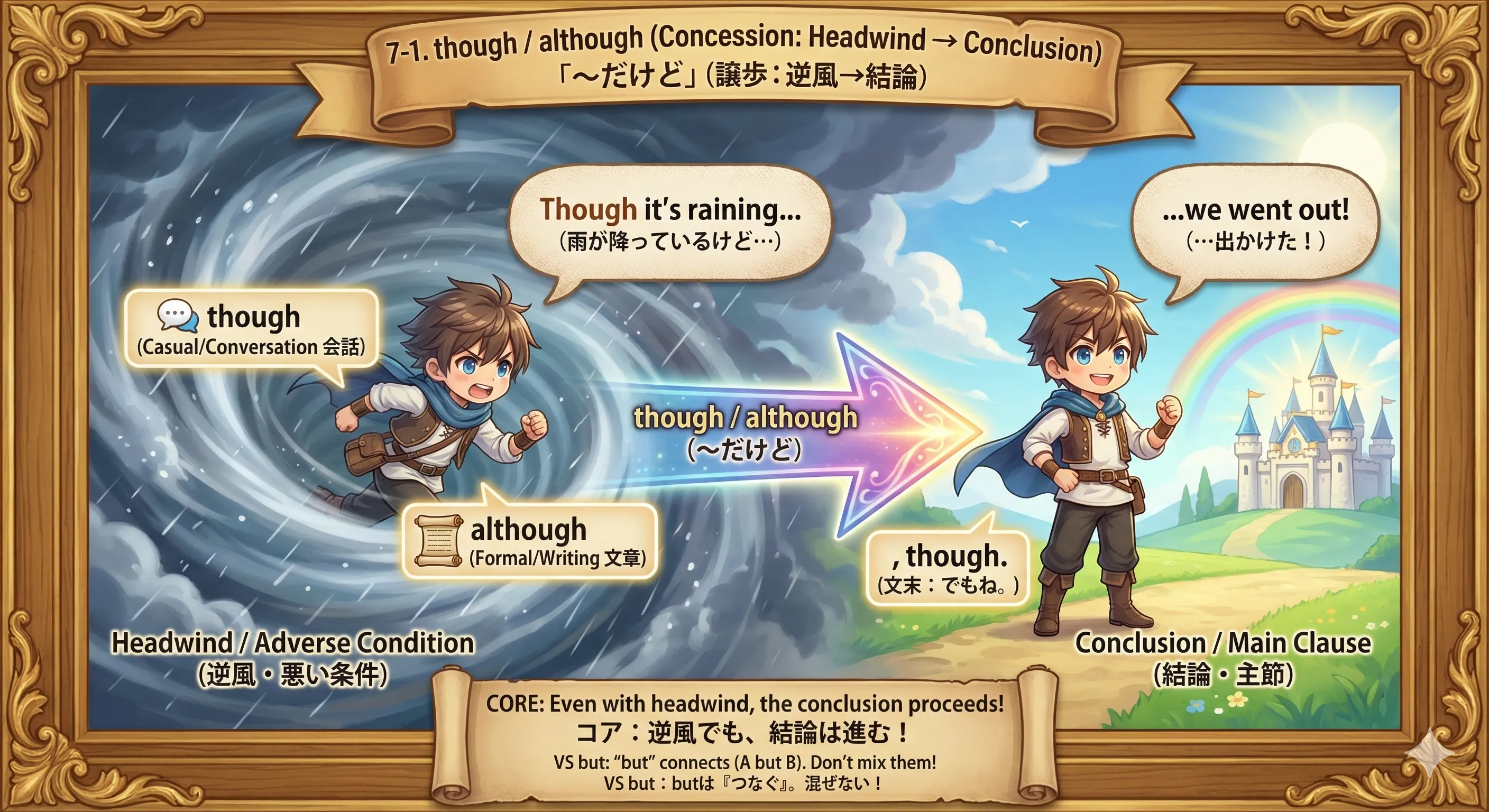 though / although のイメージ図（逆風を置いても結論は進む）