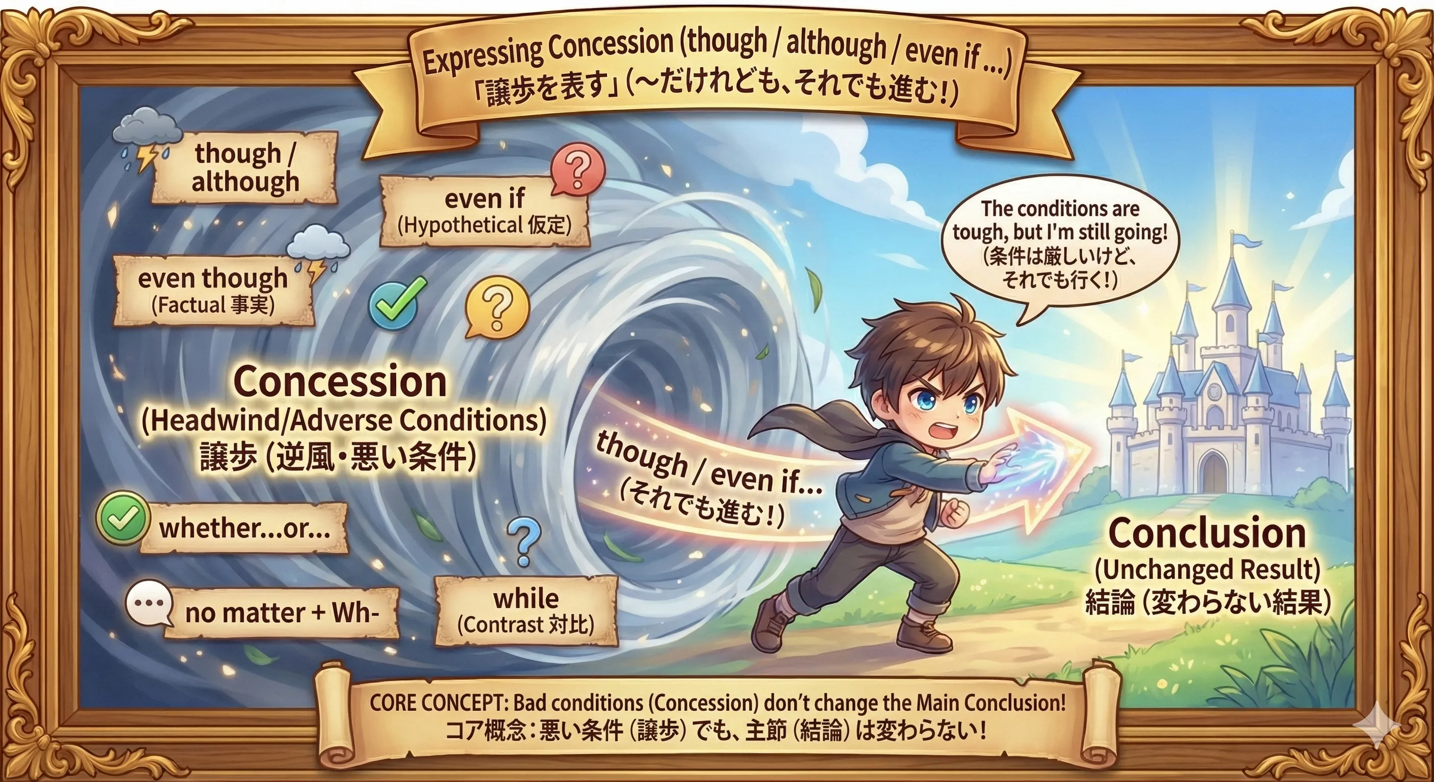譲歩（though / although / even if ...）のイメージ図（逆風でも主節は成立）