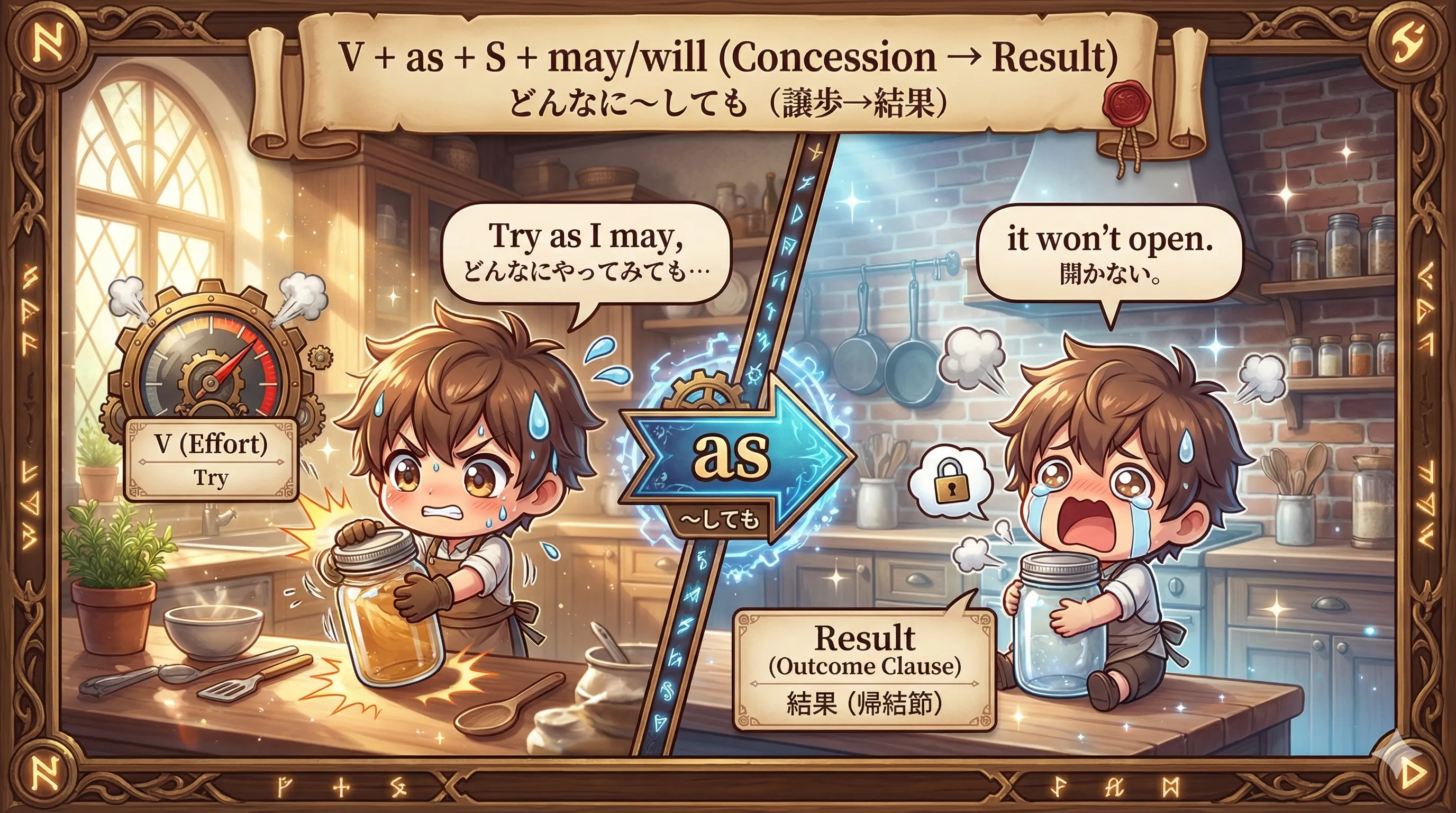 V + as + S + may/will のイメージ図（行動を強調して『どんなに〜しても』）