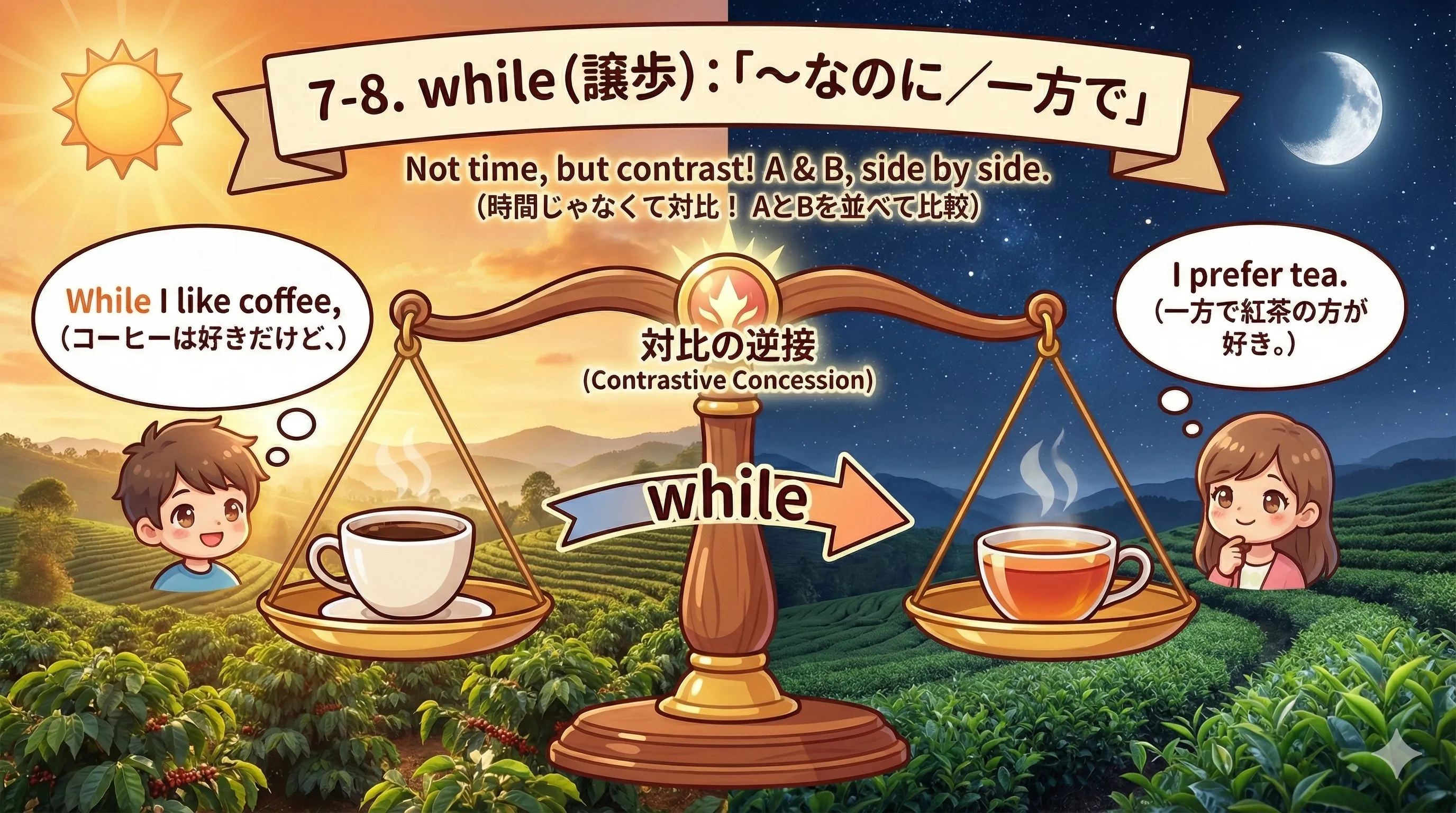 while（譲歩）のイメージ図（Aはこう、一方でBはこう）