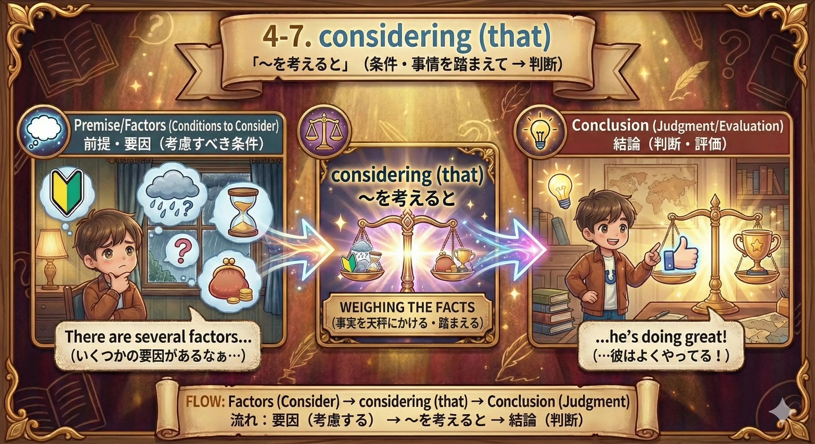 considering (that) で事情を天秤にかけて結論へ進むイメージ図