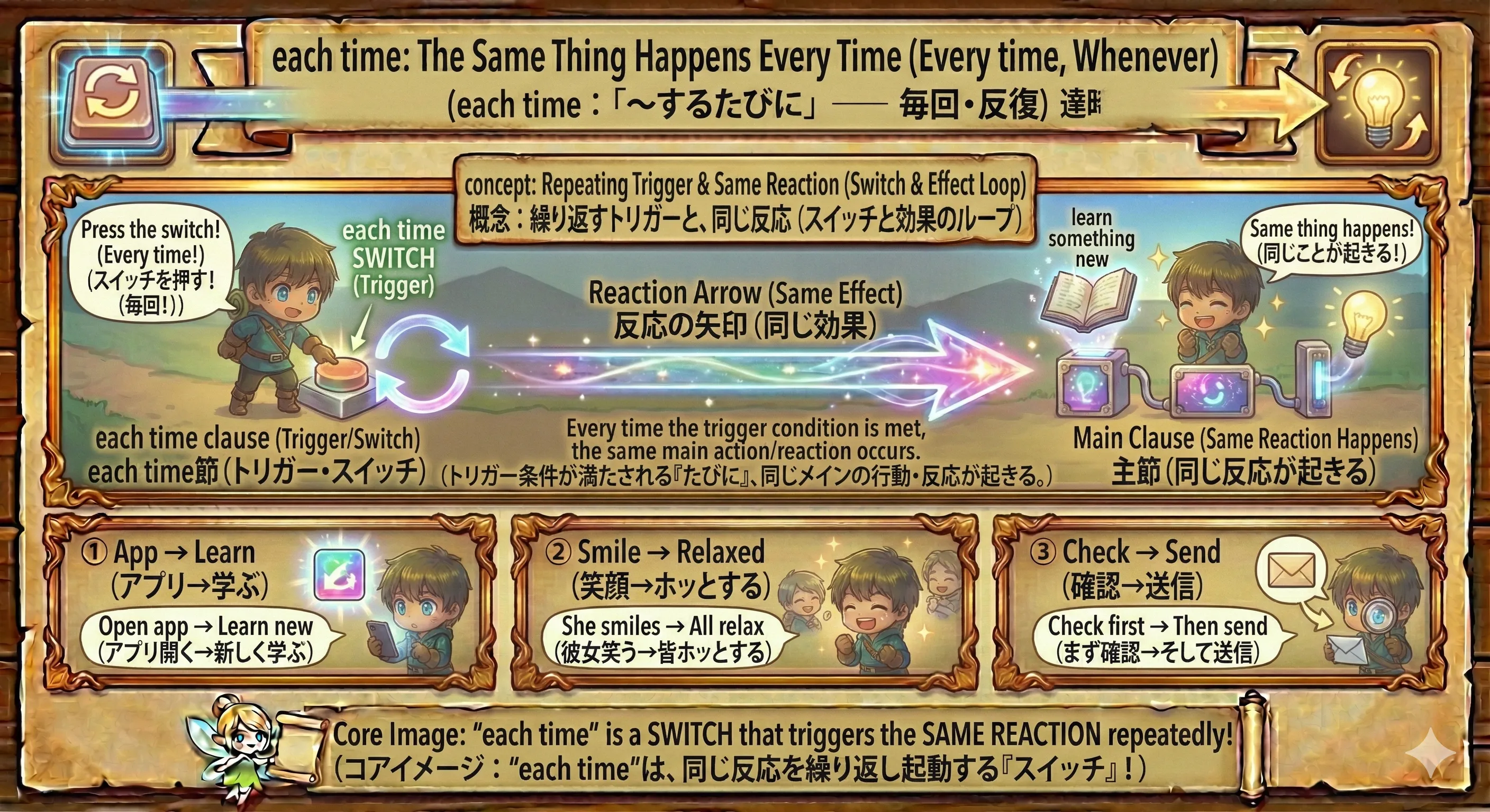 each time のイメージ図：毎回（ループ）同じ反応が起きる（〜するたびに）