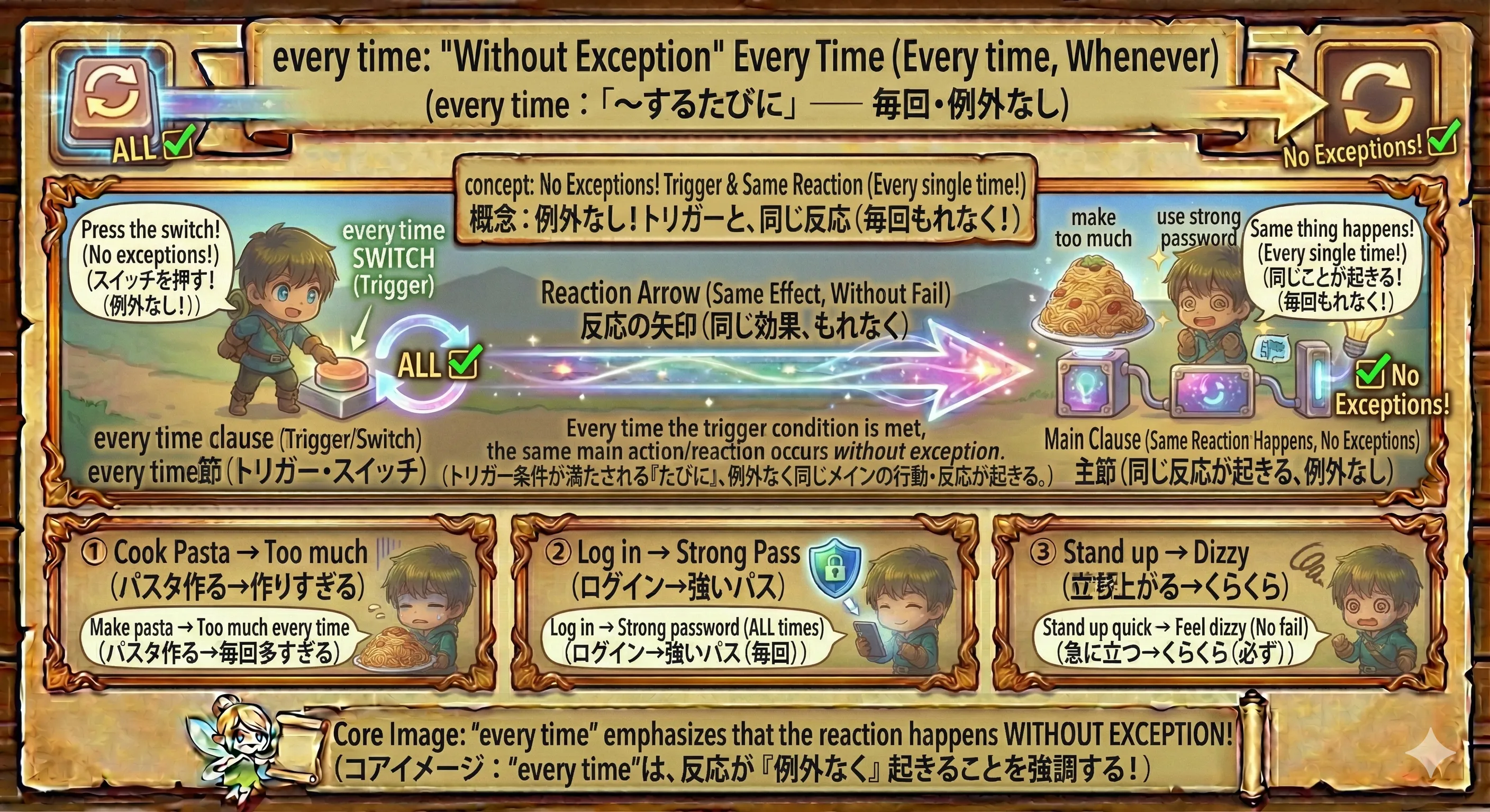 every time のイメージ図：毎回ぜんぶ（例外なし）同じ反応が起きる（〜するたびに）