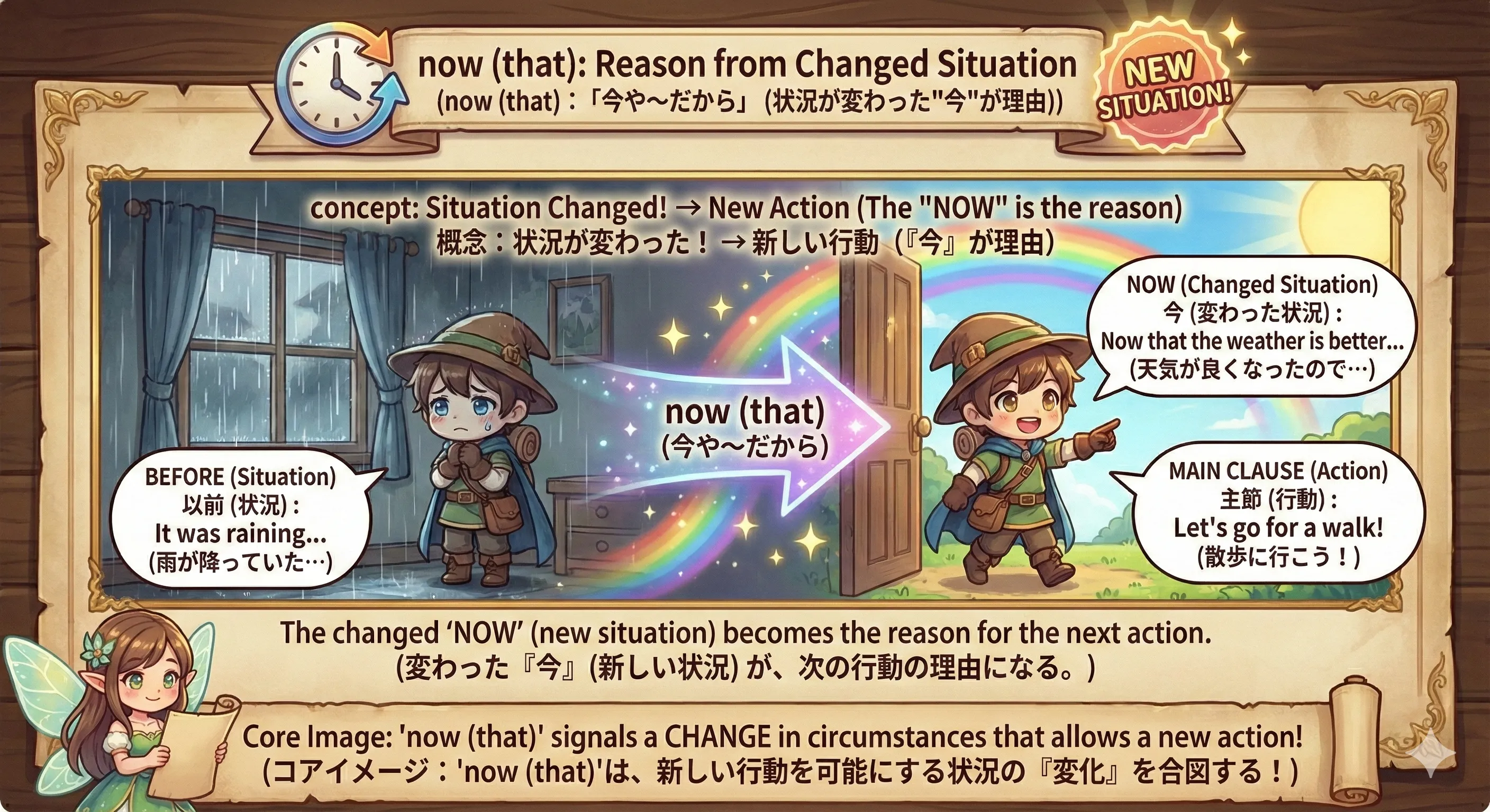 now (that) で『状況が変わった今』を理由にして次の行動へつなぐイメージ図