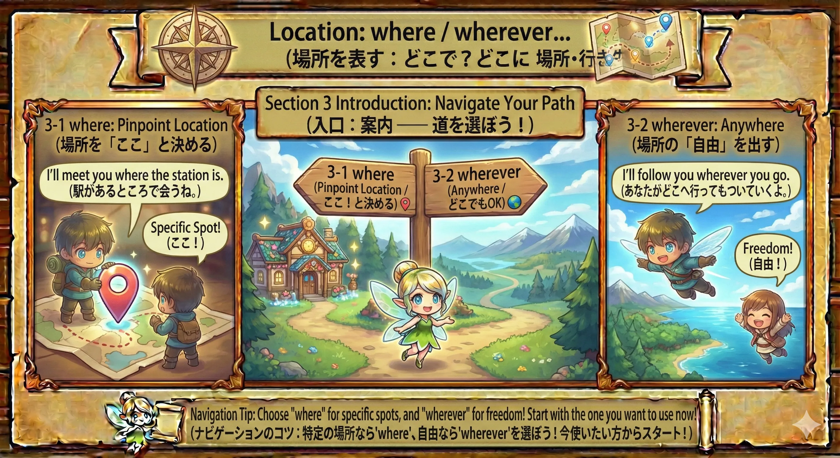 場所を表す副詞節（where / wherever）のイメージ図：場所の指定と『どこでも』の違い