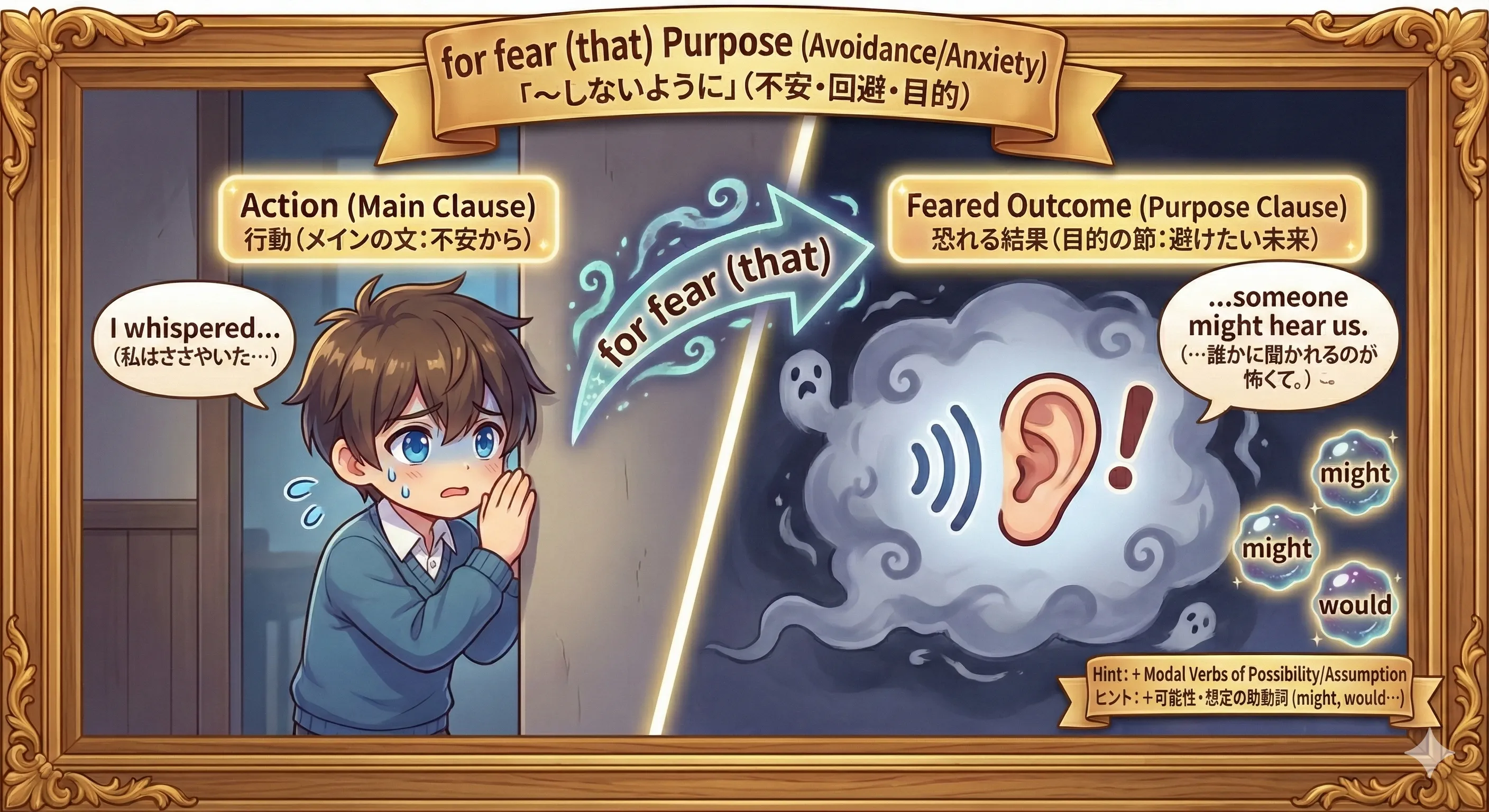 for fear (that) の否定目的（避けたい未来）イメージ図