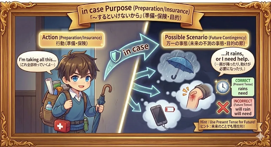 in case のイメージ図（万一に備える：傘・充電・メモなど）