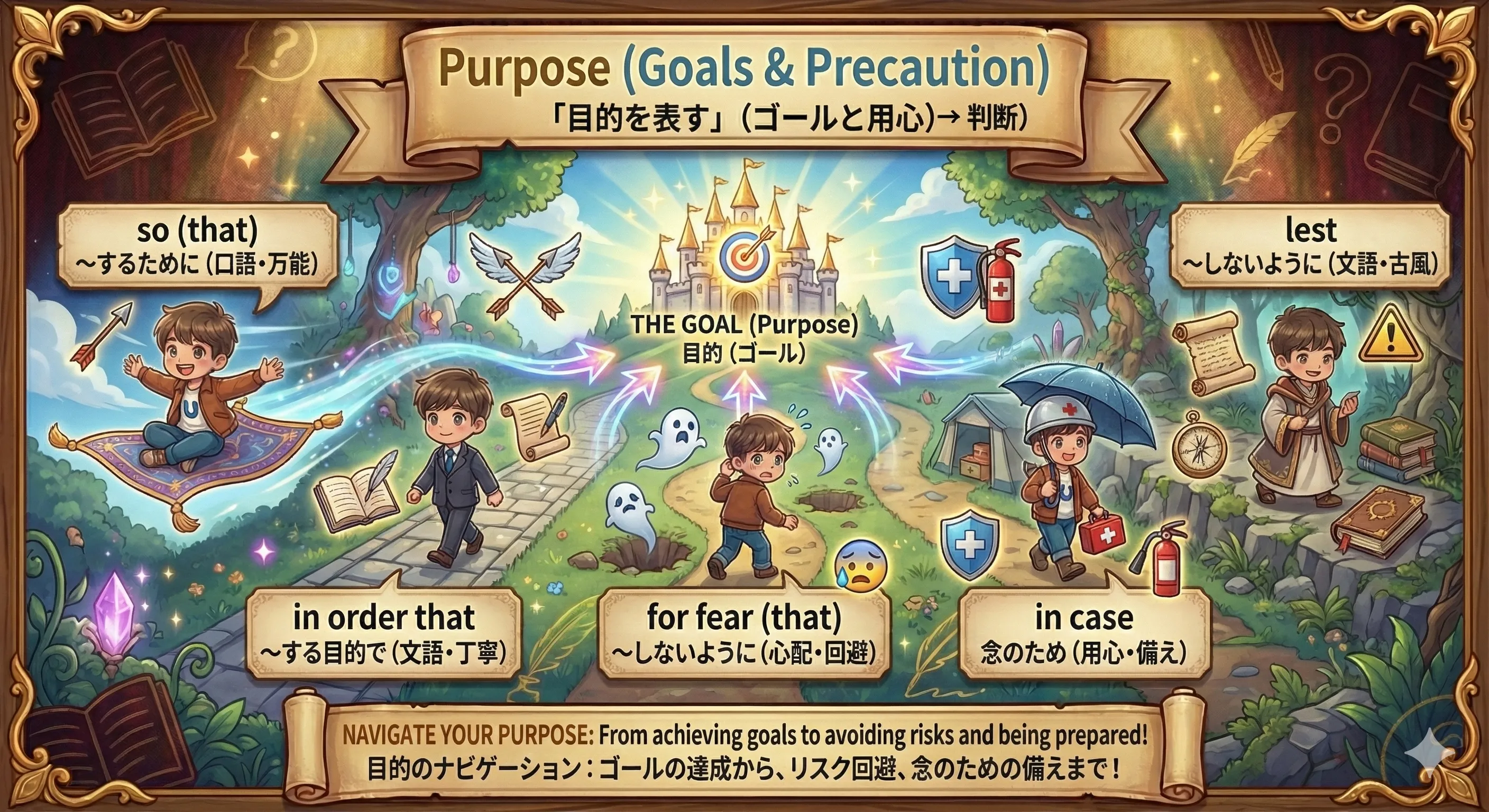 目的を表す表現の全体図（so that / in order that / for fear / in case / lest）