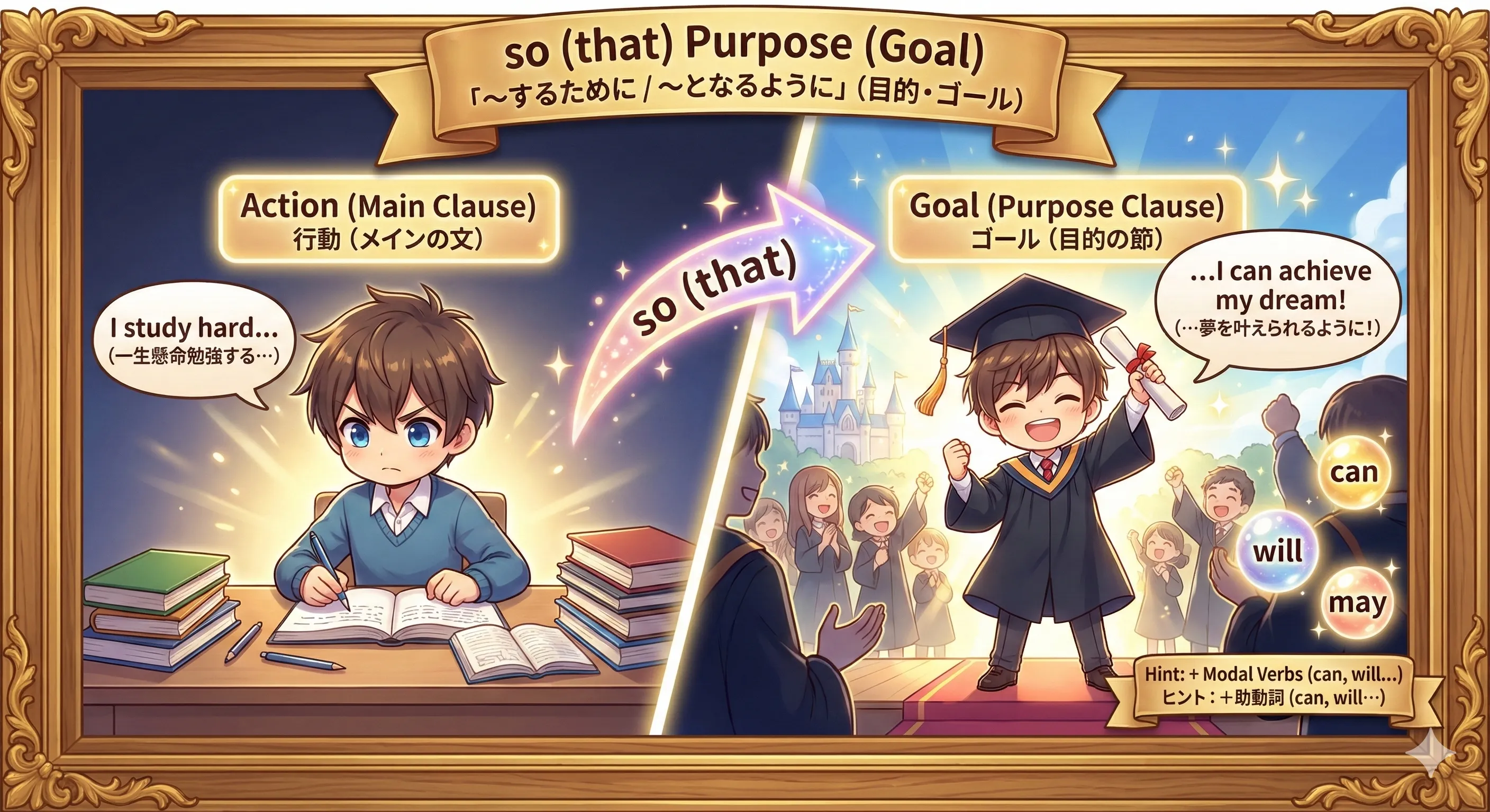 so (that) で目的・目標の副詞節を作るイメージ図（目的＝するため／目標＝なるように）