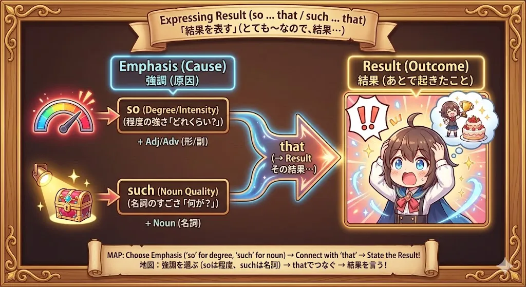 so ... that / such ... that の結果表現イメージ図（強さ・すごさ → 結果）