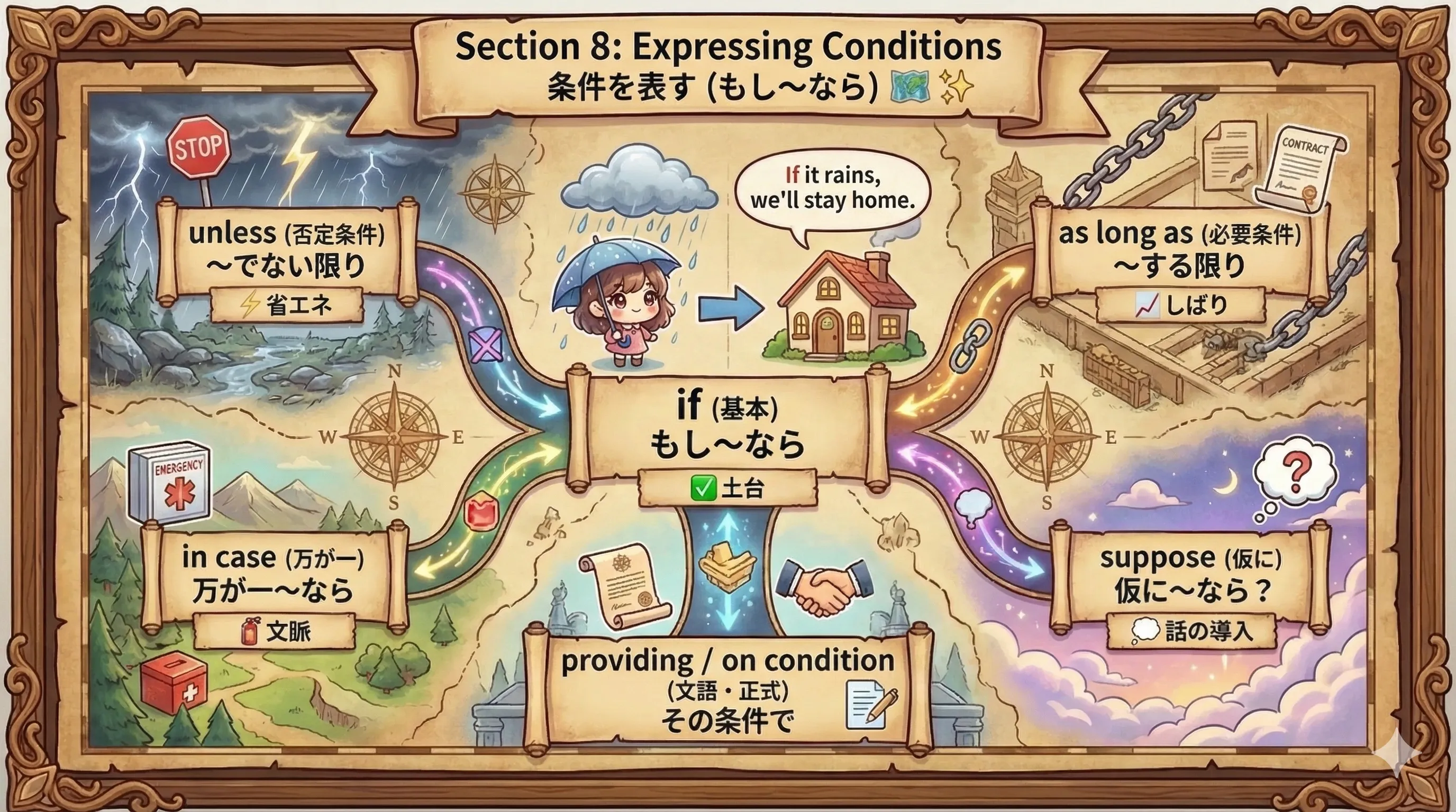 条件表現（if / unless / in case / as long as など）の全体像イラスト