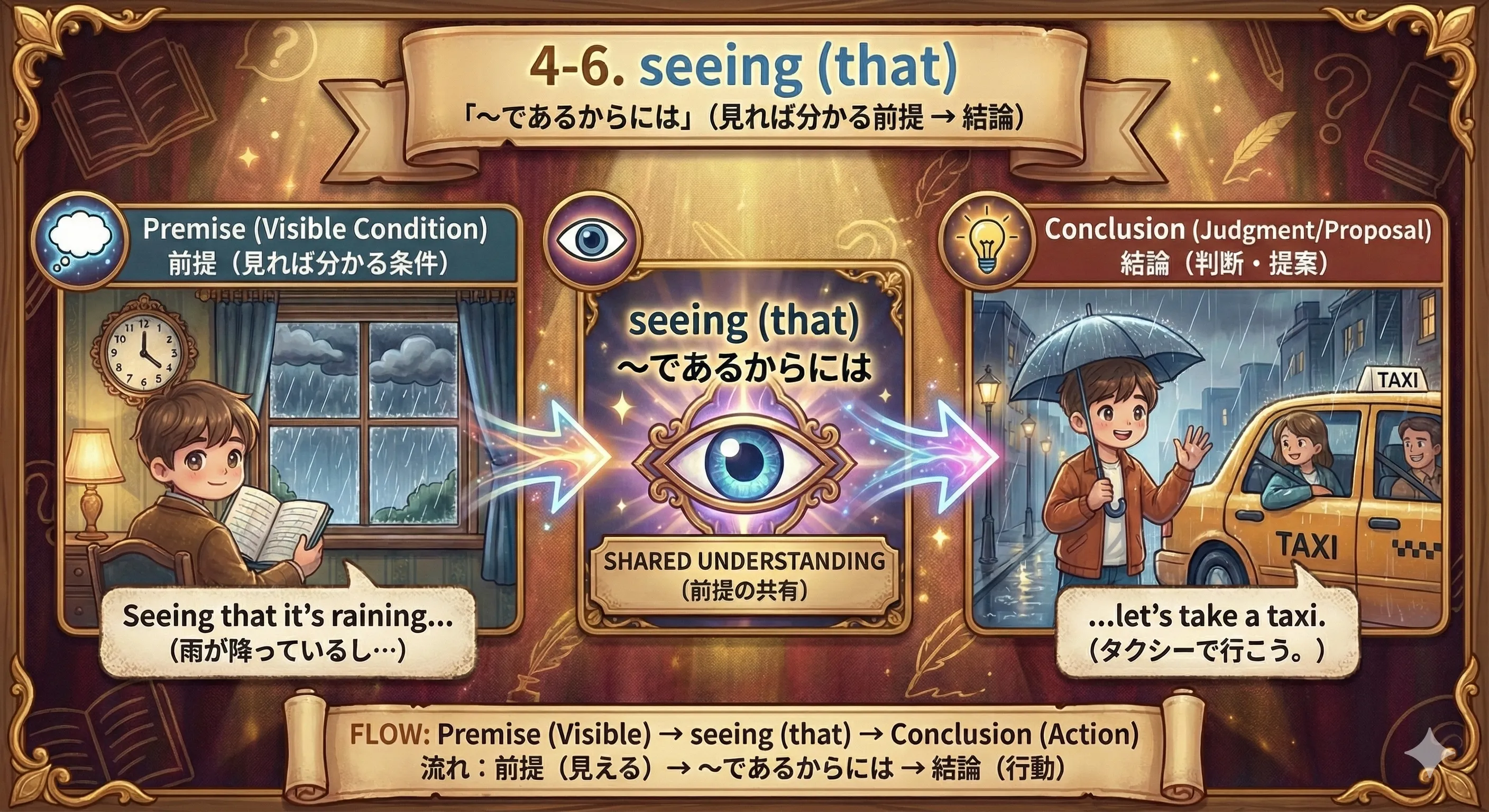 seeing (that) で『見れば分かる前提』を共有して結論へつなぐイメージ図