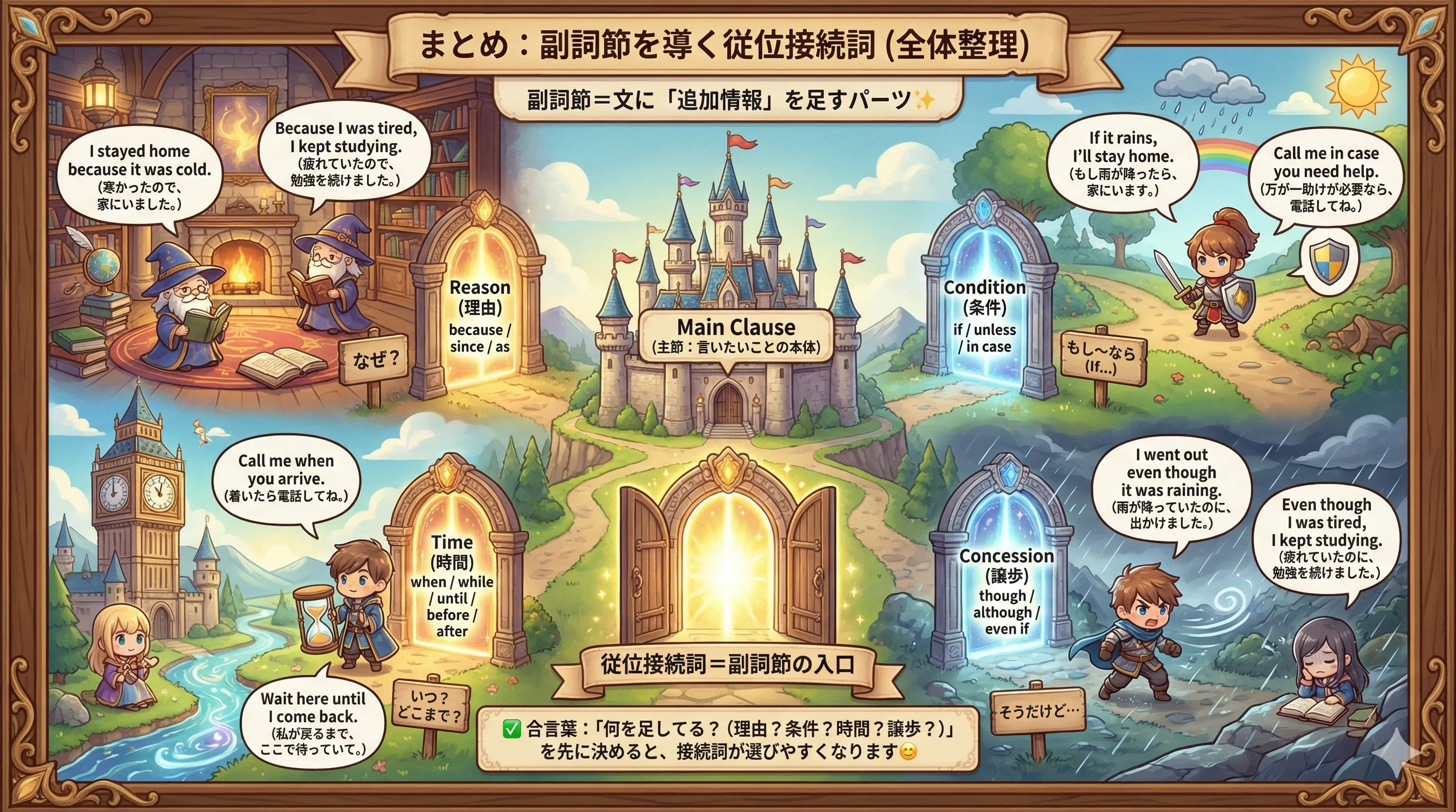 副詞節を導く従位接続詞の全体像。主節に対して、副詞節（理由・条件・時間・譲歩など）を接続詞でつなぐ図