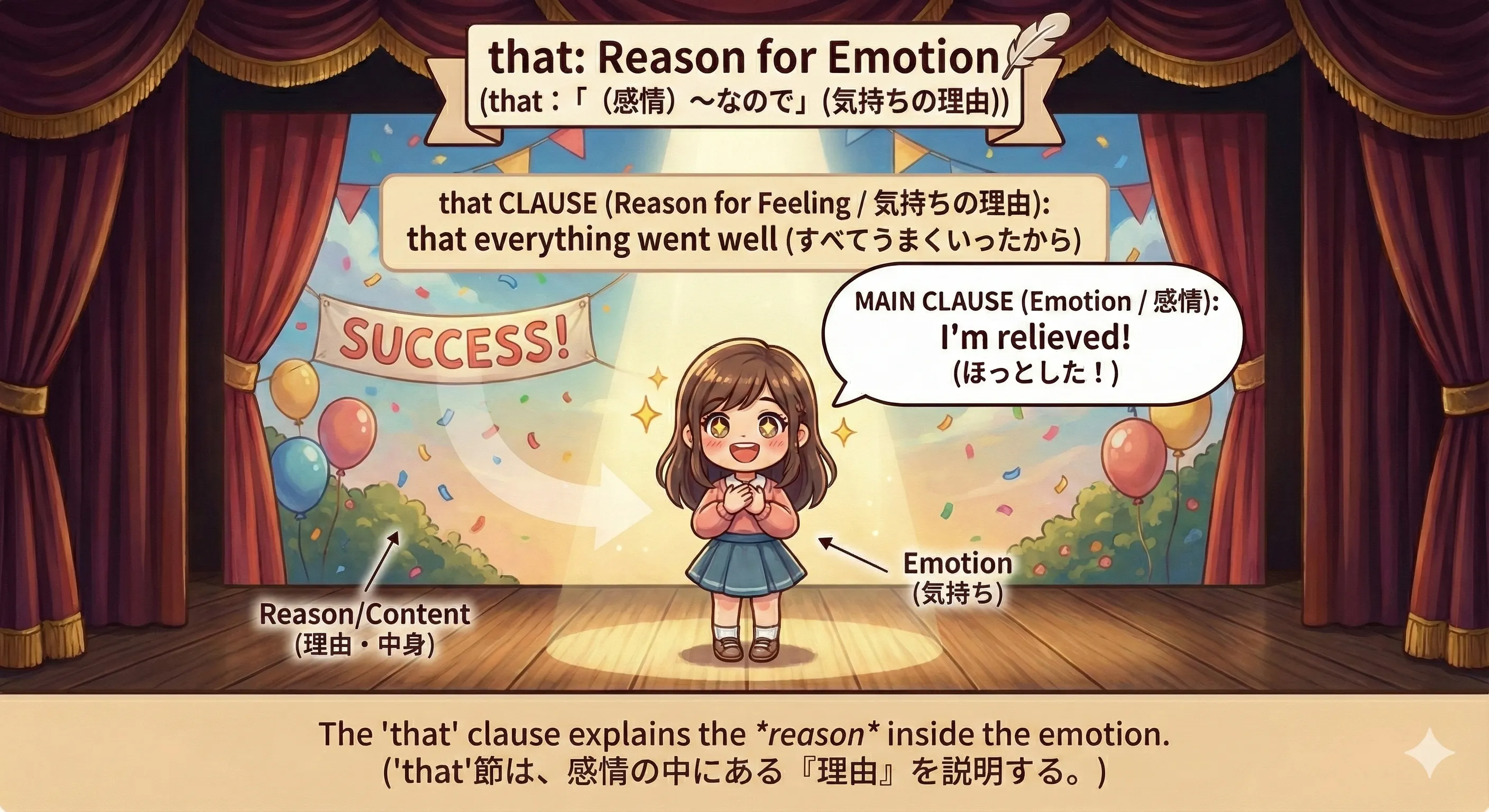 感情 + that で『気持ちの中身（理由）』を後ろに置くイメージ図（I’m glad that ...）