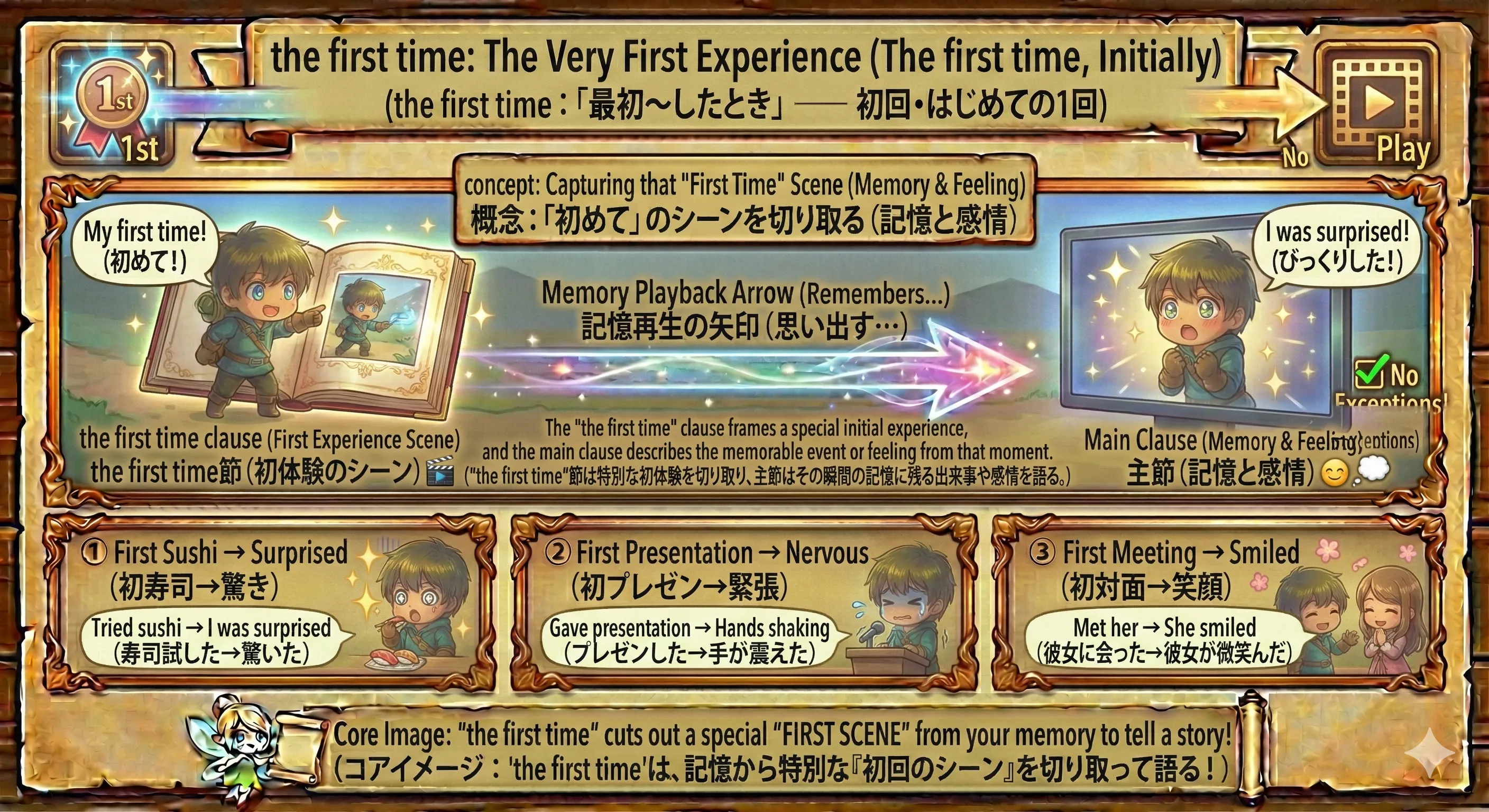 the first time のイメージ図：初回の1回（はじめてのシーン）を切り出して主節で出来事や気持ちを述べる