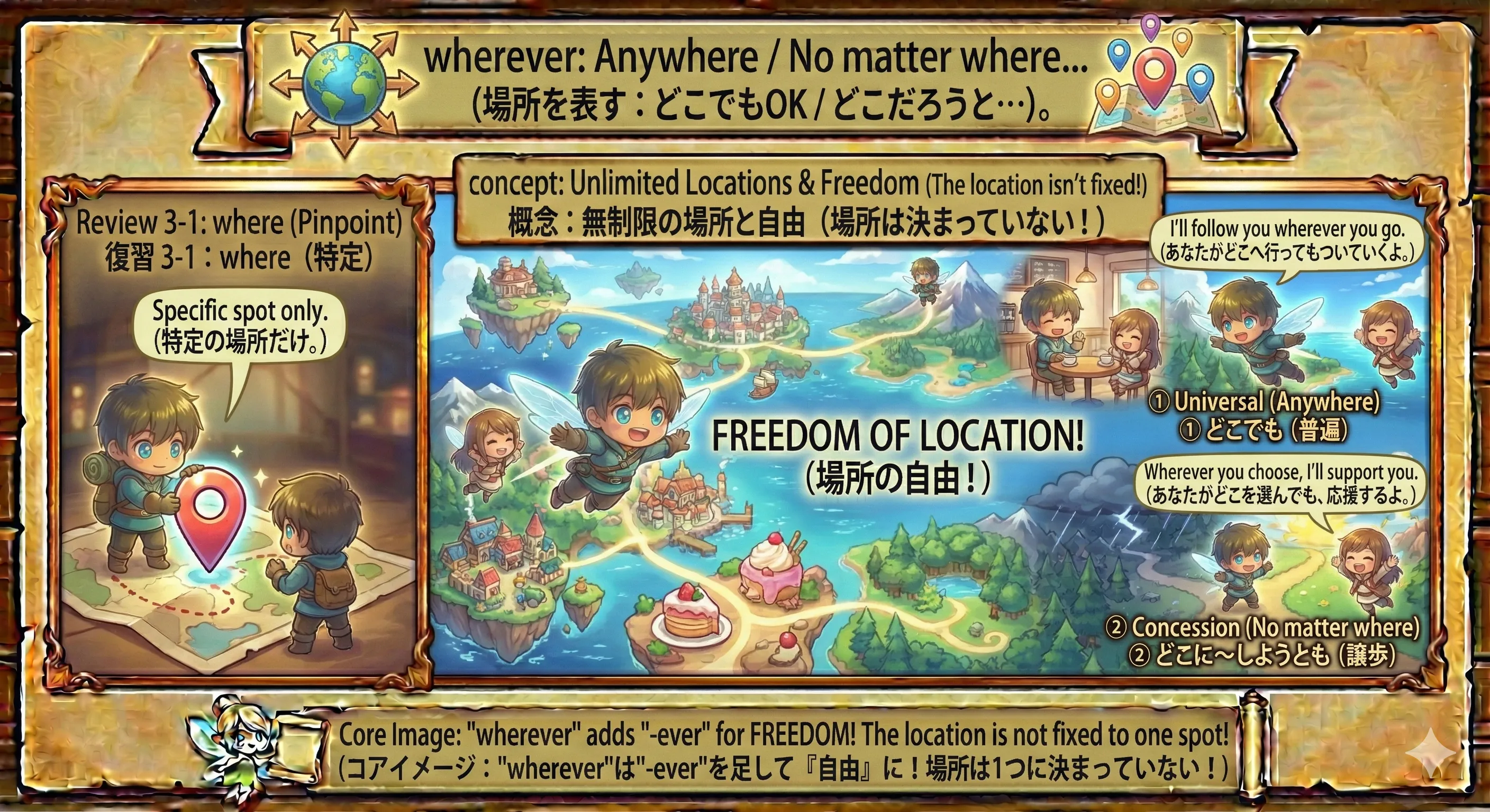 whereverで『どこでも』を表すイメージ（場所が固定されない）