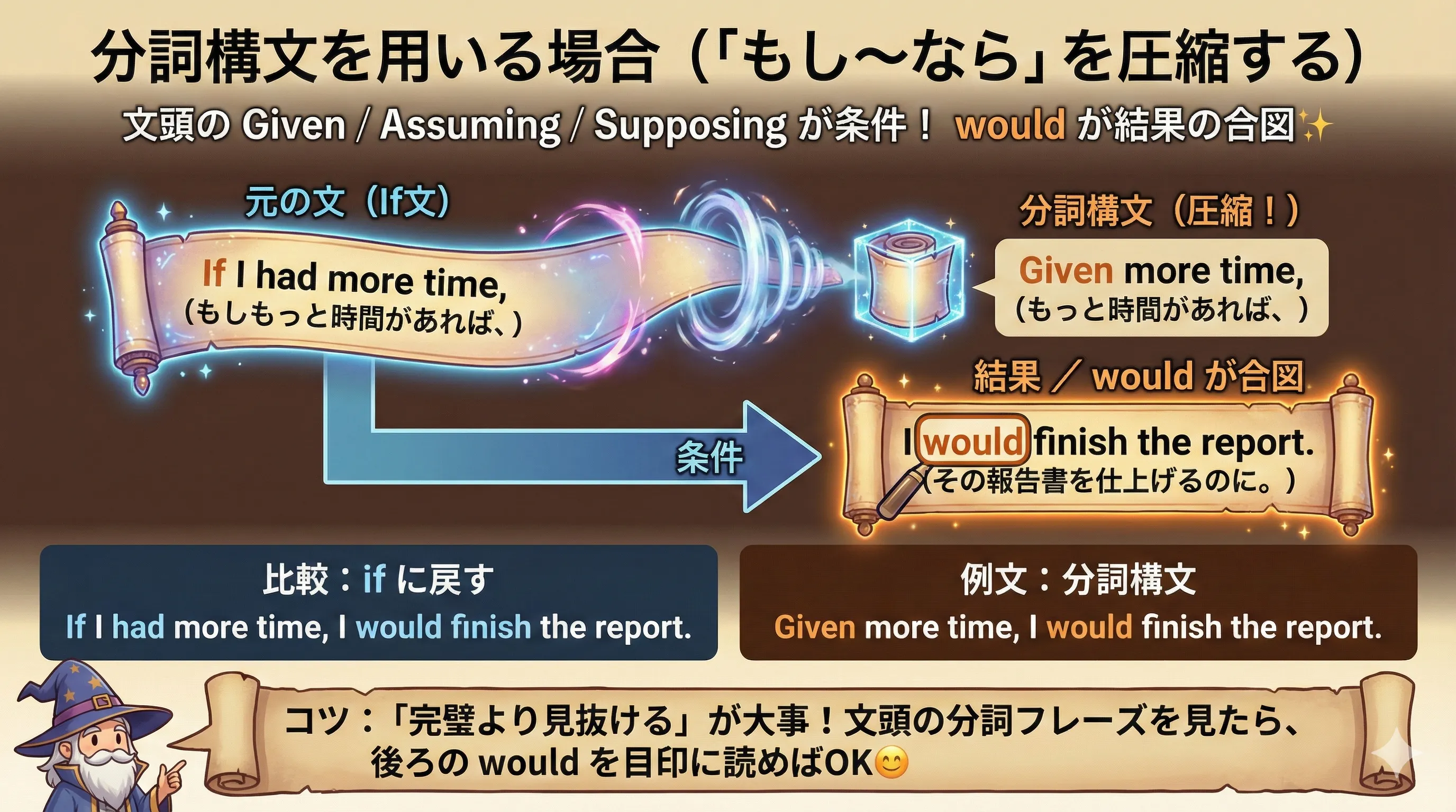 Given / Assuming / Supposing が条件になり、would が結果になる流れの図