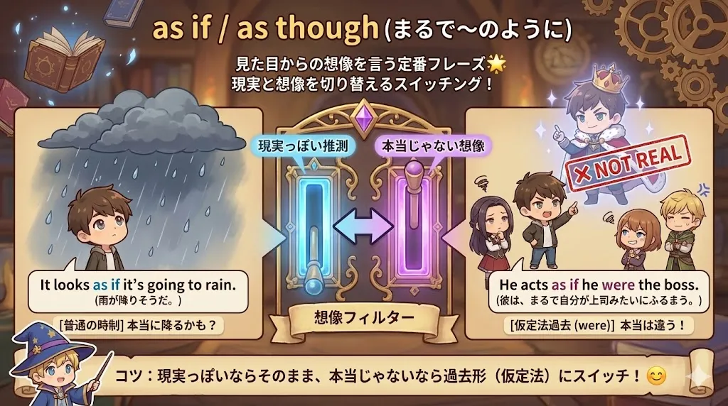 as if / as though のイメージ図：現実と想像（推測）を切り替える