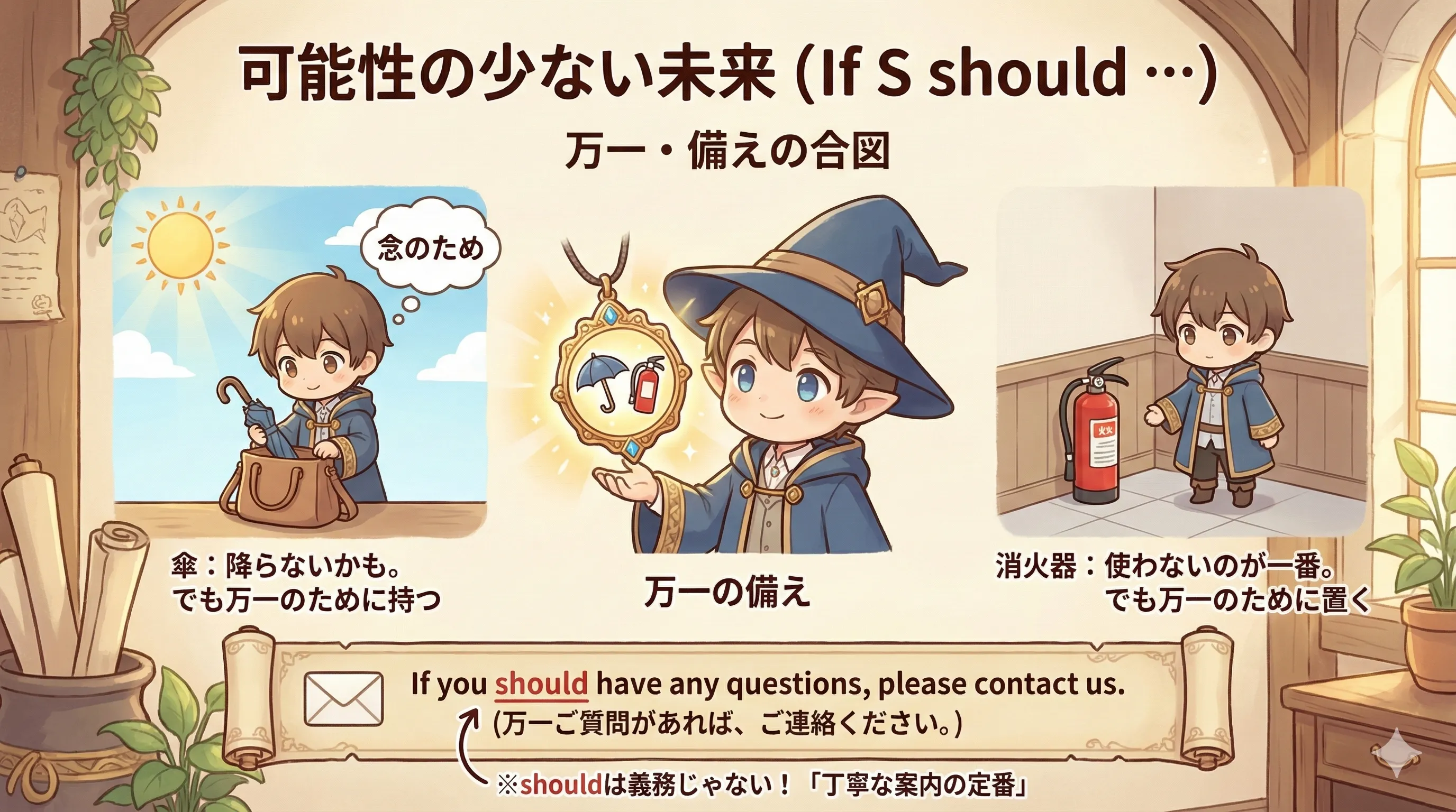 If S should は『万一』の合図（傘や消火器のイメージ）