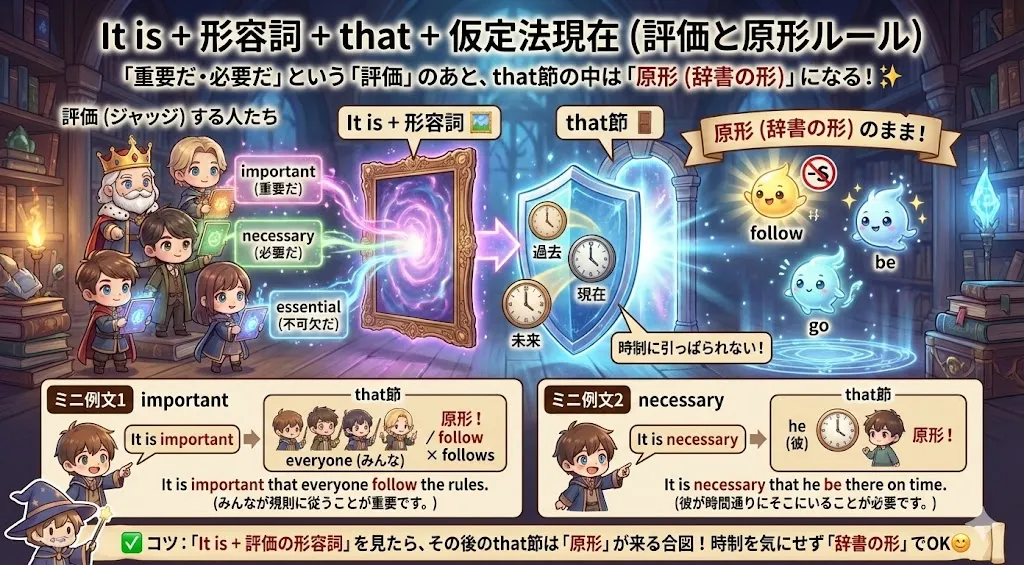 It is + 形容詞 + that の全体像：that節内の動詞が原形になりやすいことを示す図