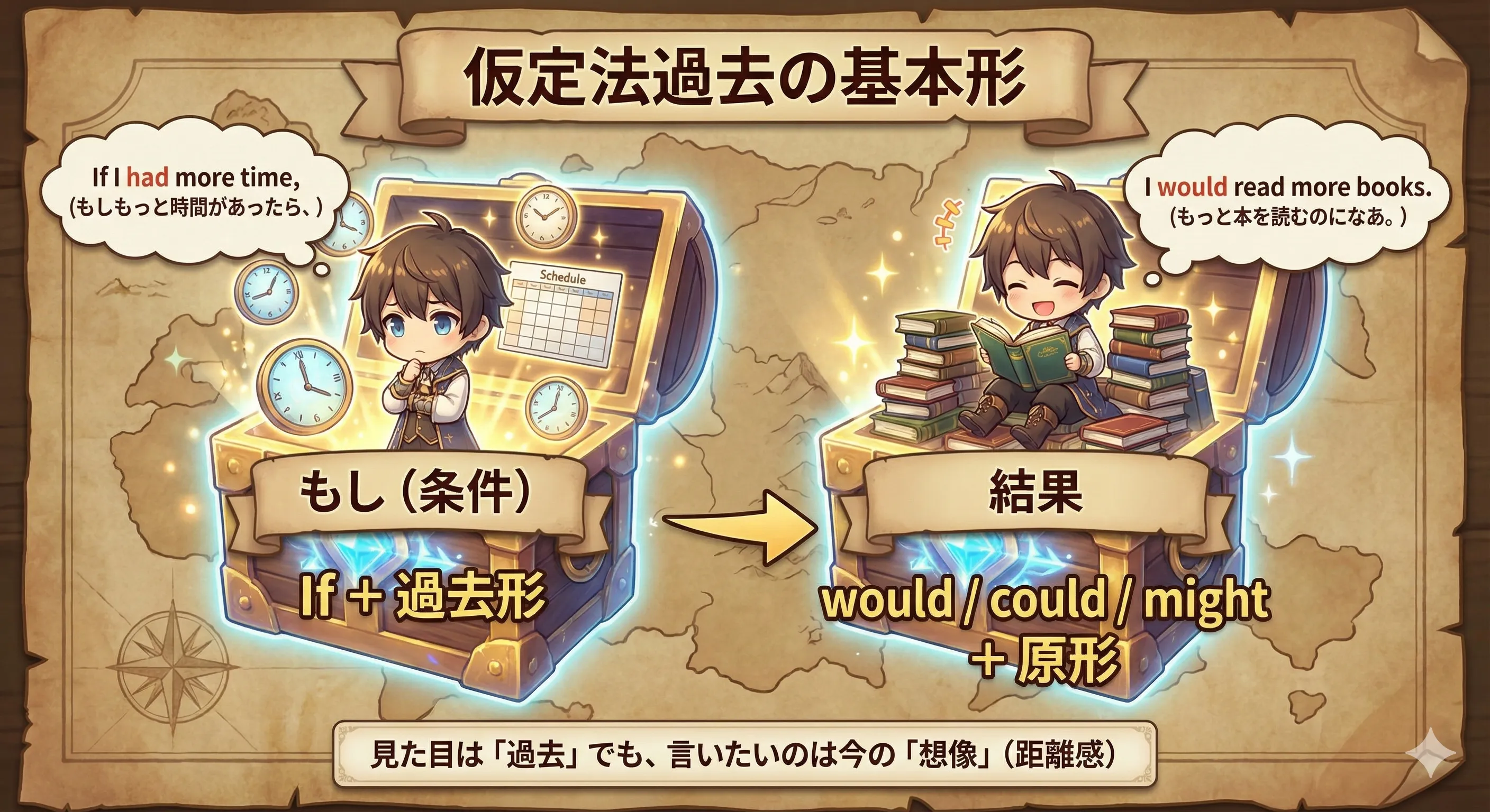 仮定法過去の基本形：if節（過去形）と主節（would/could/might + 原形）の2つの箱の図