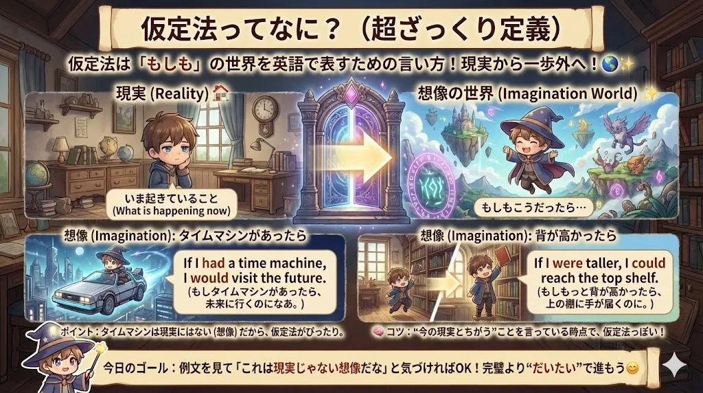 仮定法は「もしも」の世界（想像・願い・後悔）のイメージ図