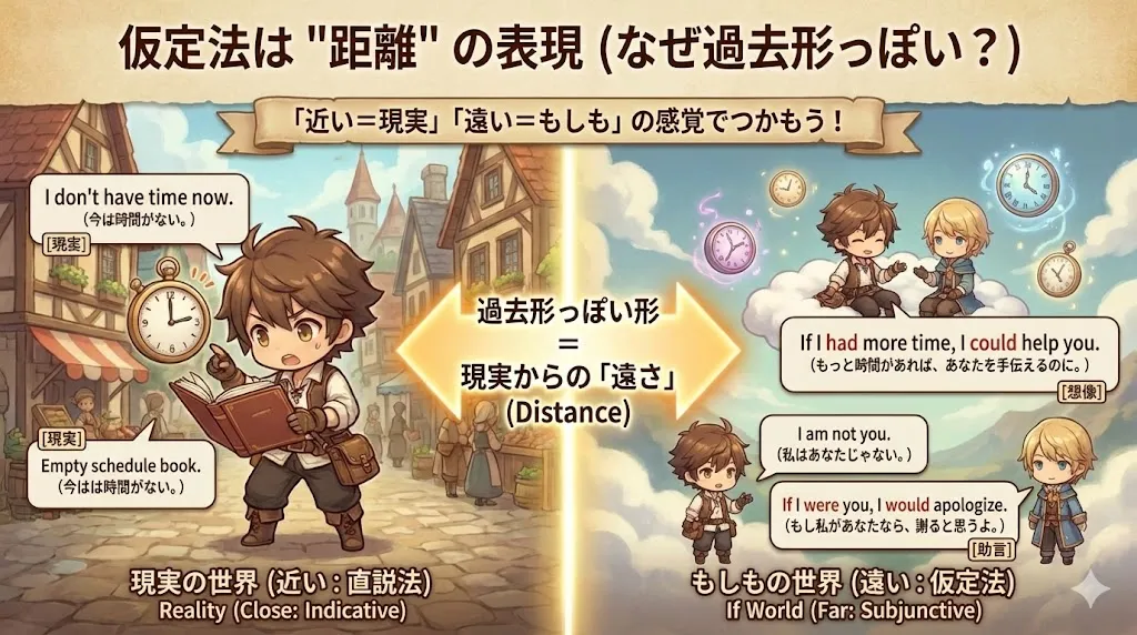 仮定法の『距離（遠さ）』イメージ図：現実ゾーン→もしもゾーン→後悔ゾーン