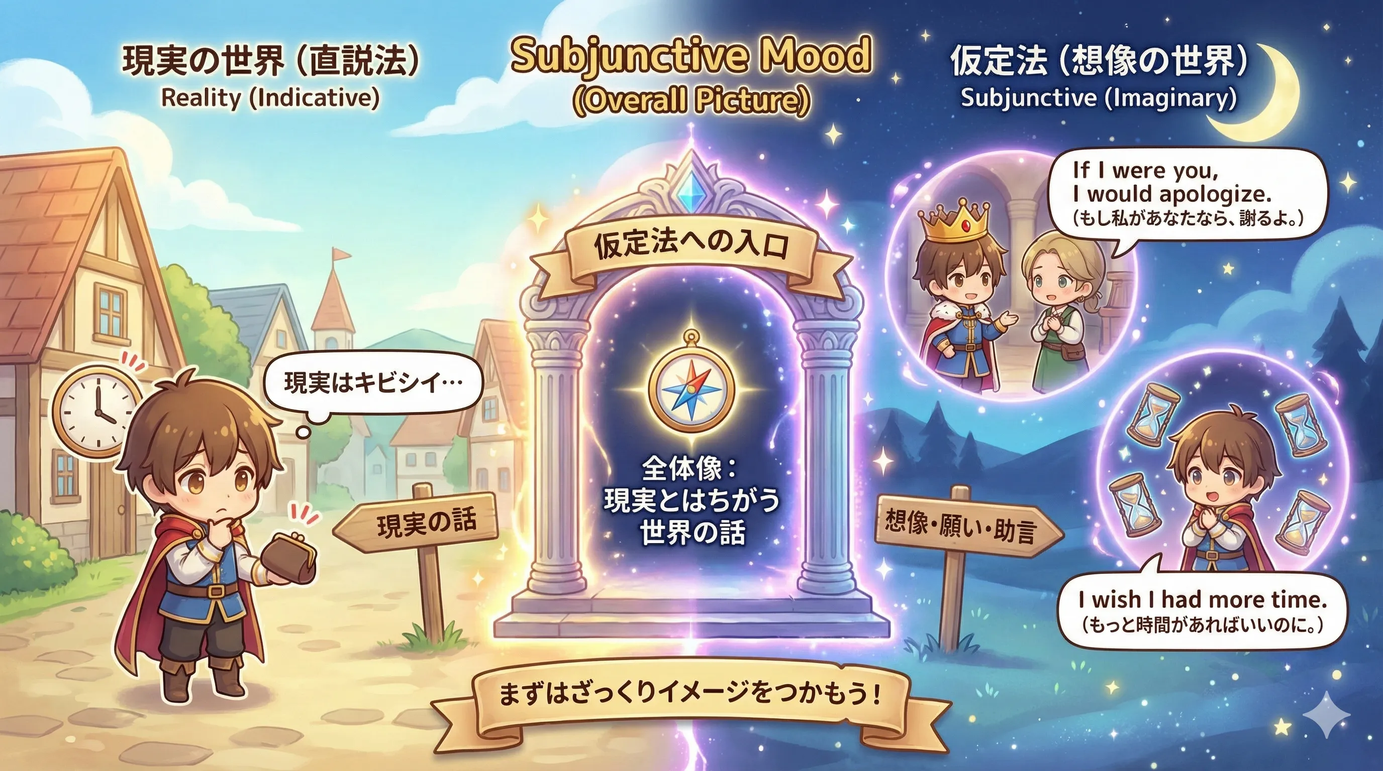 仮定法は『現実』ではなく『もし〜なら』の想像の世界を話すイメージ図
